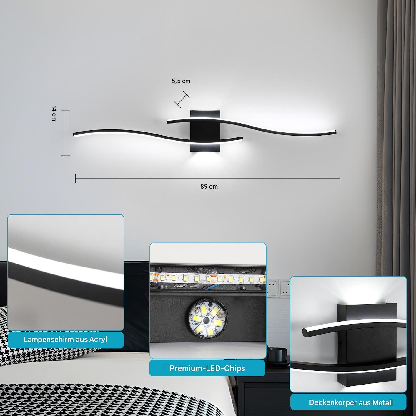 Riserva Kronleuchter LED Wandleuchte 27W Schwarz, Wandlampe innen 6500K, 89 cm, LED wechselbar
