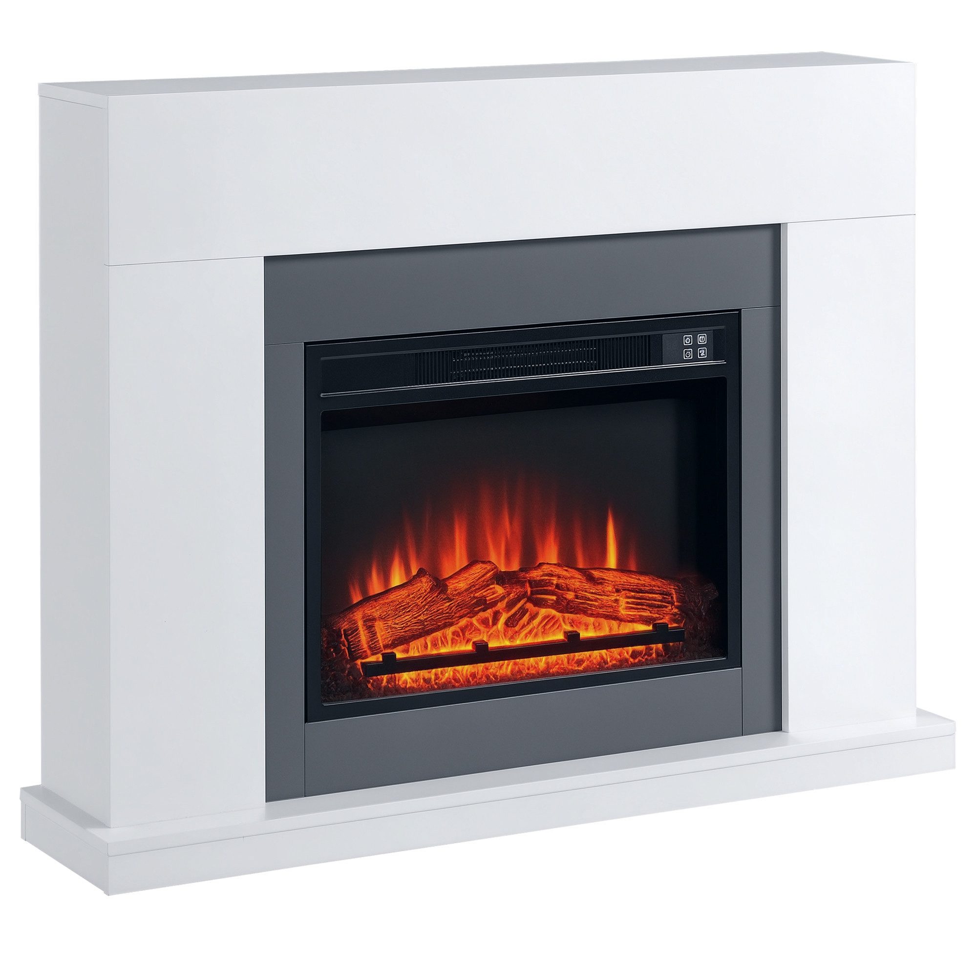 HOMCOM Elektrokamin Dekokamin mit Heizung, 3 Helligkeiten, Thermostat, Fernbedienung, LED Elektrokamin Standkamin mit Flammeneffekt 1800,2000W Weiß