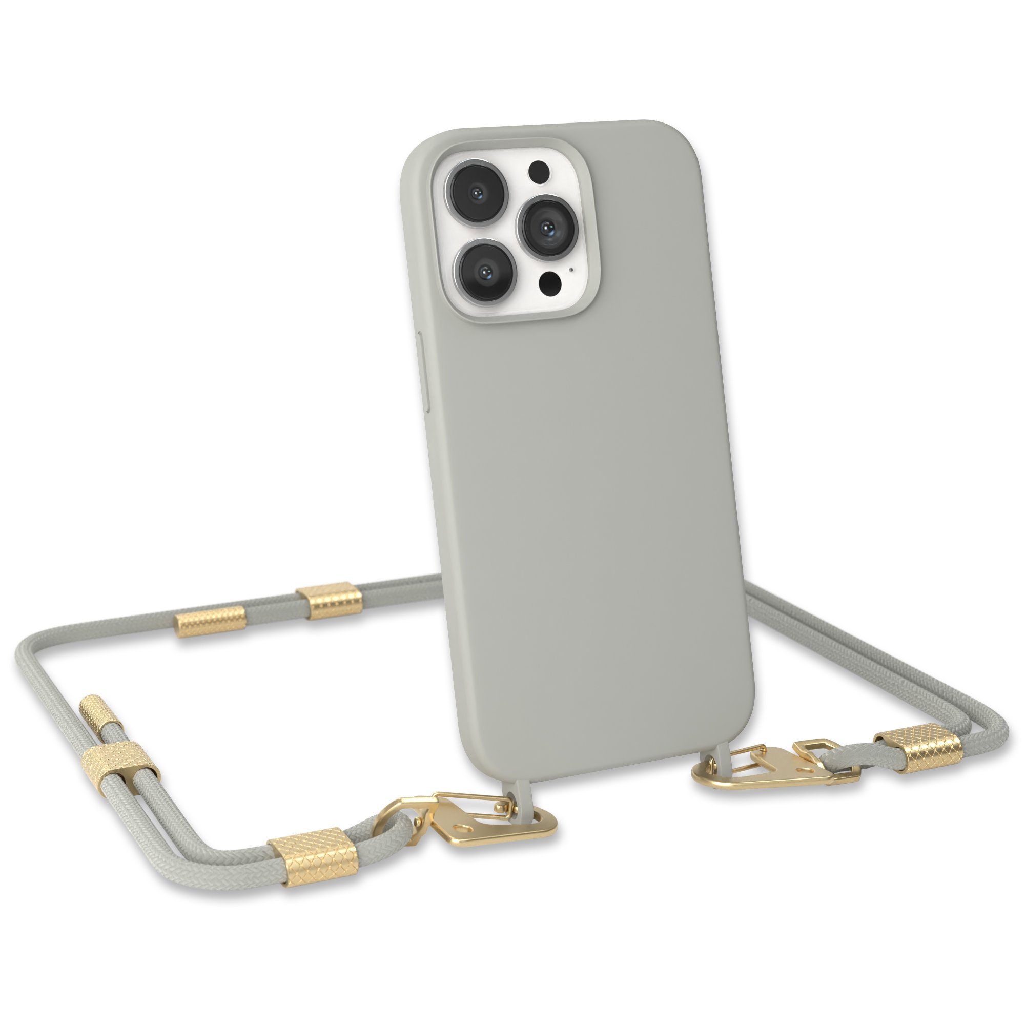 EAZY CASE Handykette Carabiner Chain für Apple iPhone 13 Pro 6,1 Zoll, Schutzhülle zum Umhängen Handyhülle mit Umhängeband Schwarz Grau Taupe