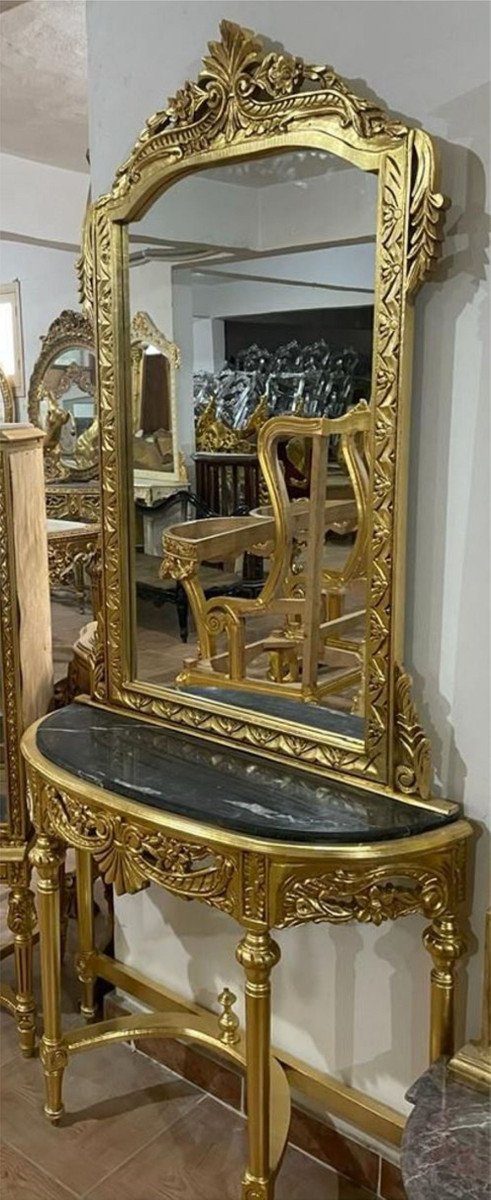 Casa Padrino Barockspiegel Barock Spiegelkonsole mit Marmorplatte Gold / Schwarz - Handgefertigte Barock Konsole mit Spiegel - Prunkvolle Barock Möbel