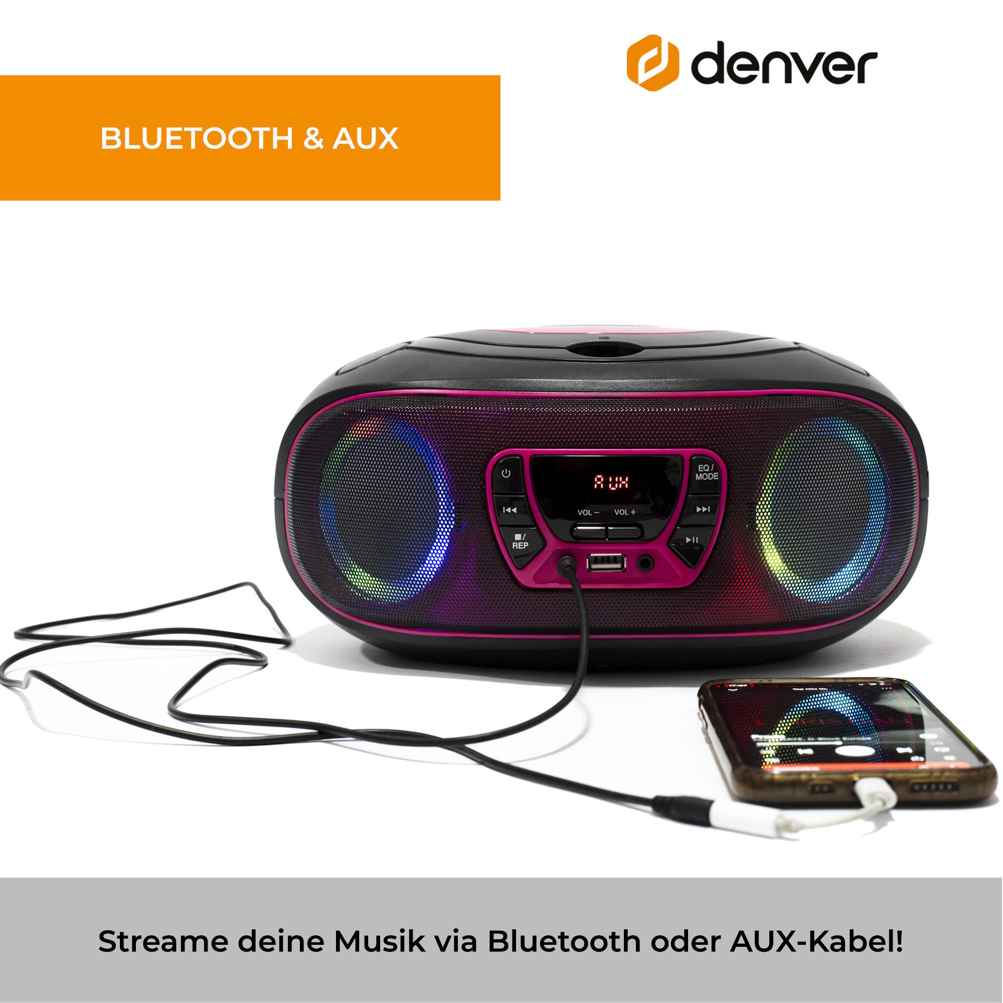 Denver TCL-212BTP CD-Player (LED-Beleuchtung in Lautsprechergittern, Bluetooth, USB & AUX, CD/FM, LED-Beleuchtung in Lautsprechergittern, Bluetooth, USB & AUX, CD/FM)