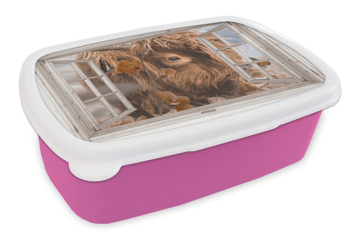 MuchoWow Lunchbox Scottish Highlander - Ansicht - Insekten, Kunststoff, (2-tlg), Brotbox für Erwachsene, Brotdose Kinder, Snackbox, Mädchen, Kunststoff rosa