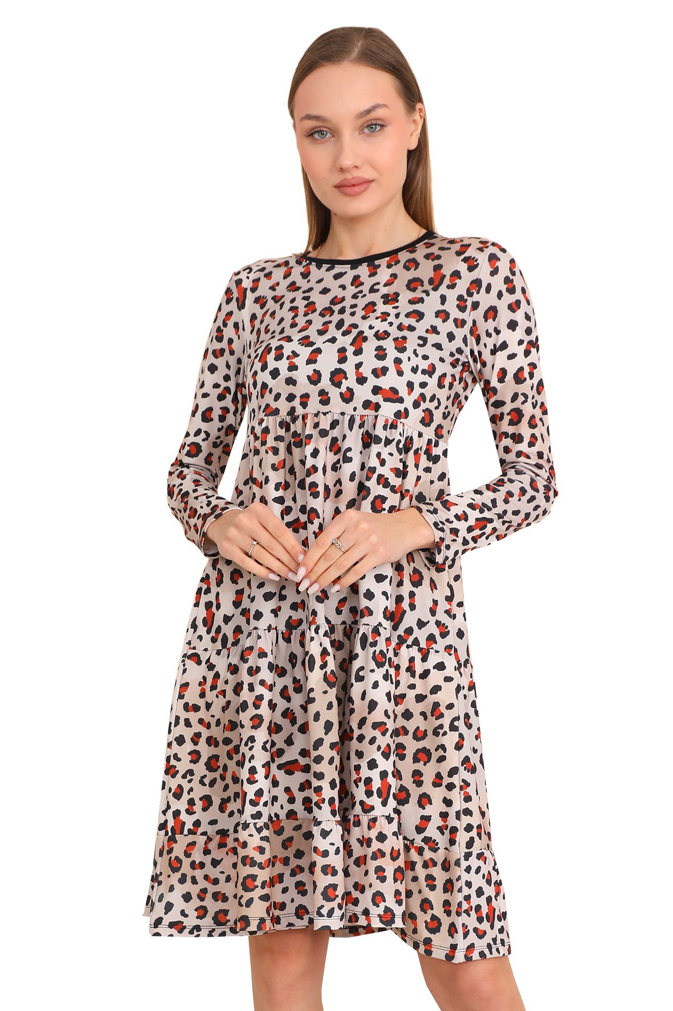 Midikleid A-Linien-Kleid Stufenkleid Leo Print