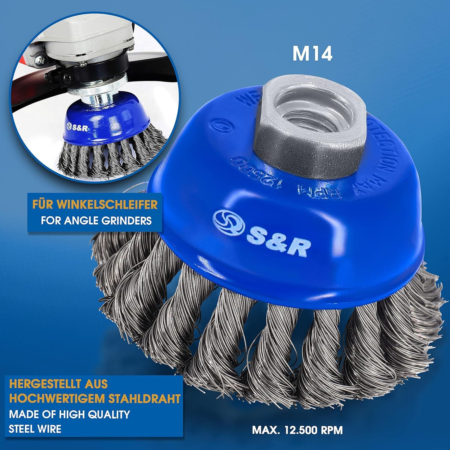 S&R Drahtbürste Set, 1 x Topfbürste 75mm, 1 x Rundbürste 100mmm,1 x. Kratzbürste 255mm, (Set, 3-tlg., Set 3-teilig mit Handbürste), mit gedrehten Stahlborsten, für Winkelschleifer mit M14 Aufnahme