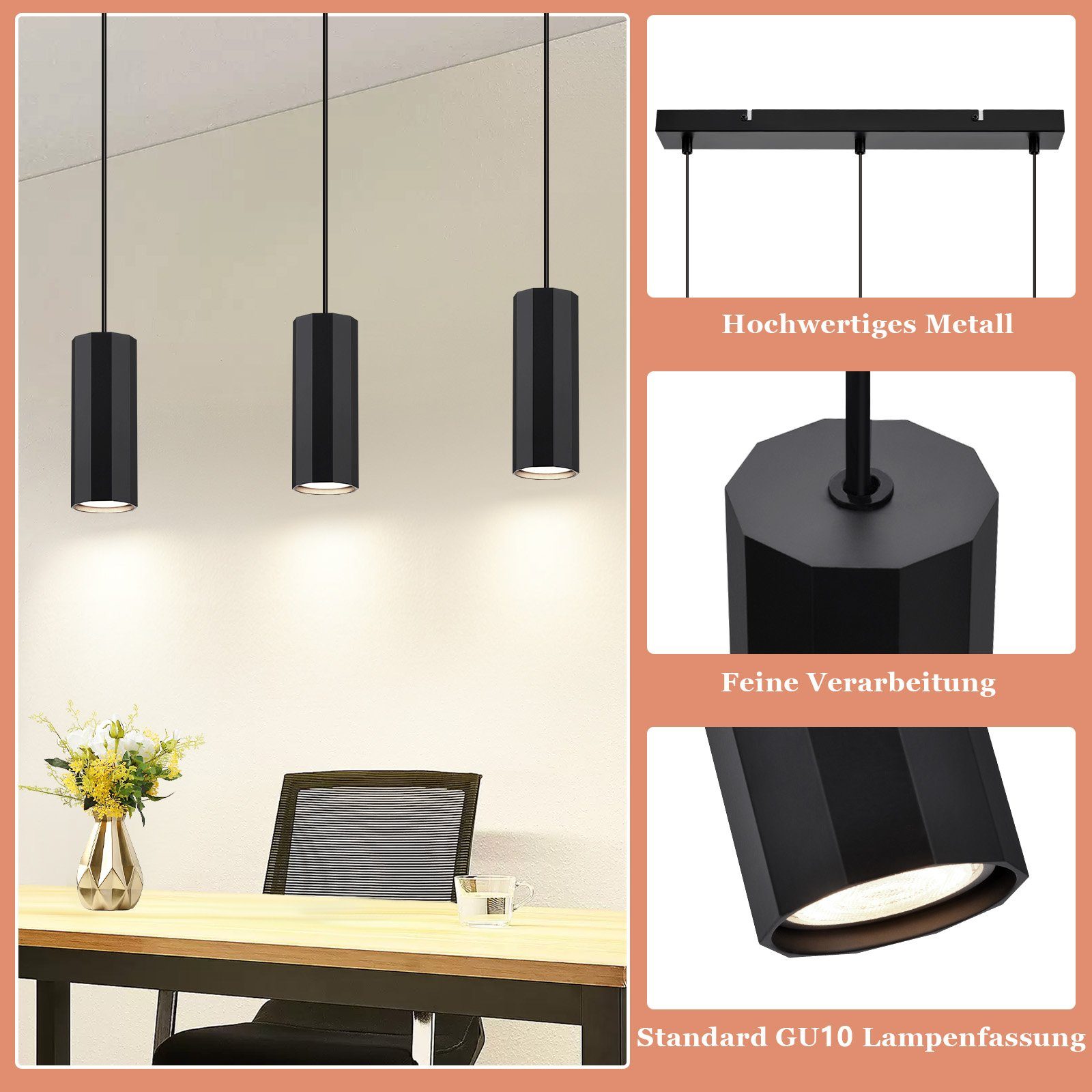 Nettlife Pendelleuchte Hängelampe GU10 Wohnzimmer Pendelleuchte Modern, höhenverstellbar, LED wechselbar, Wohnzimmer Küche Schlafzimmer