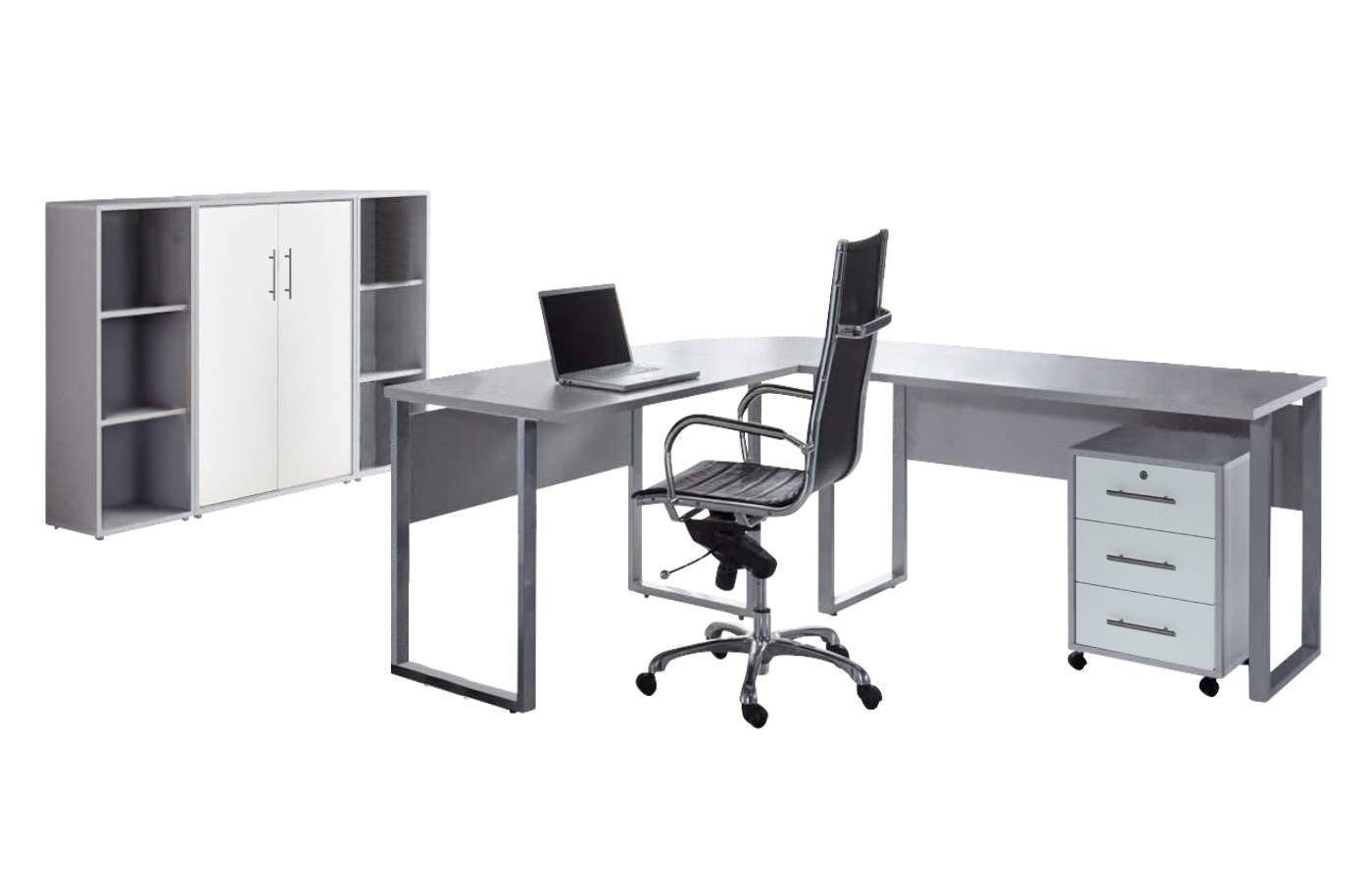 BMG Möbel Büromöbel-Set Office Edition Set 2, (Büro Set, 5 tlg., Fronten Matt oder Hochglanz lackiert), Aktenschrank und Rollcontainer abschließbar, Winkelschreibtisch