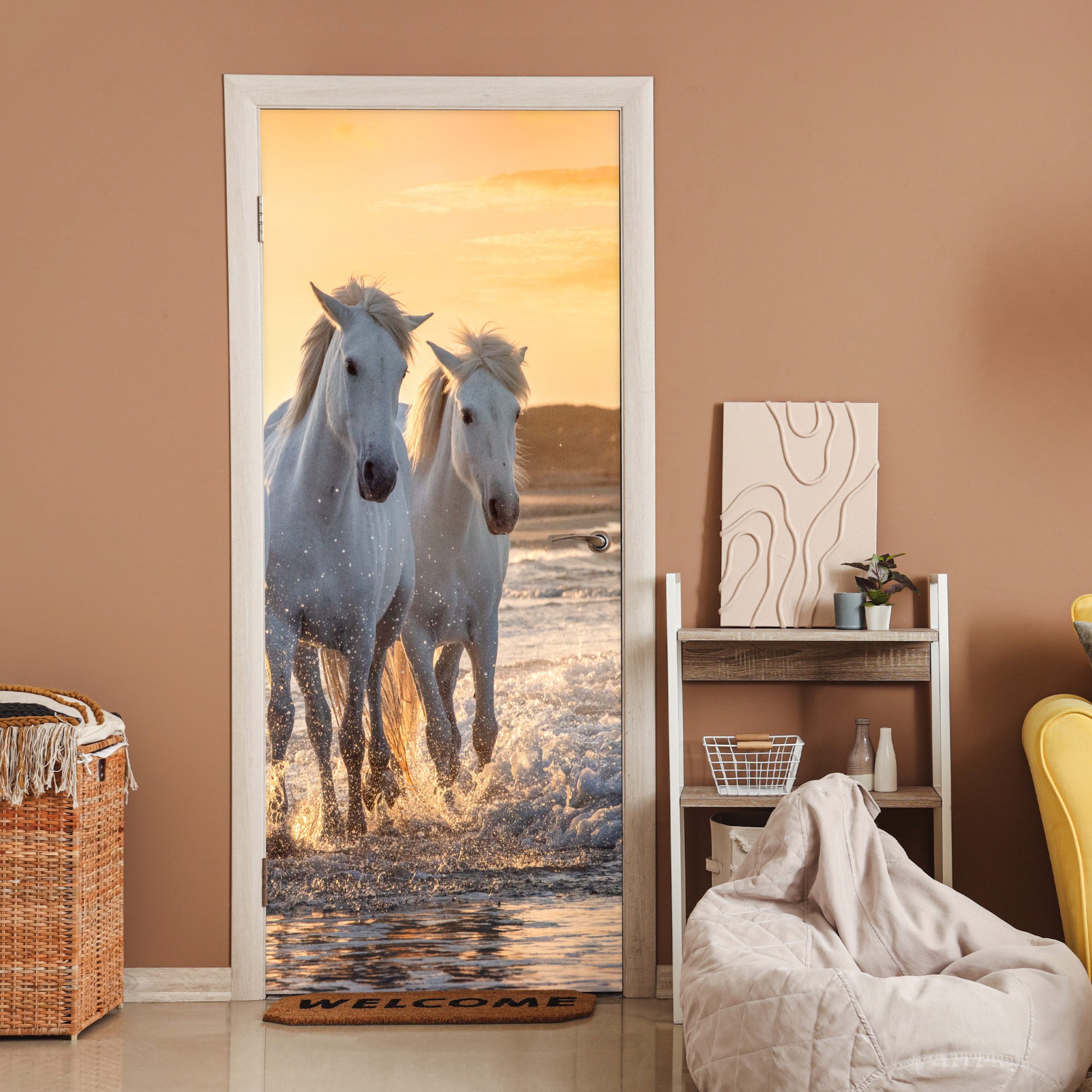 MuchoWow Türtapete Pferde - Wasser - Strand - Tiere, Matt, bedruckt, (1 St) günstig online kaufen