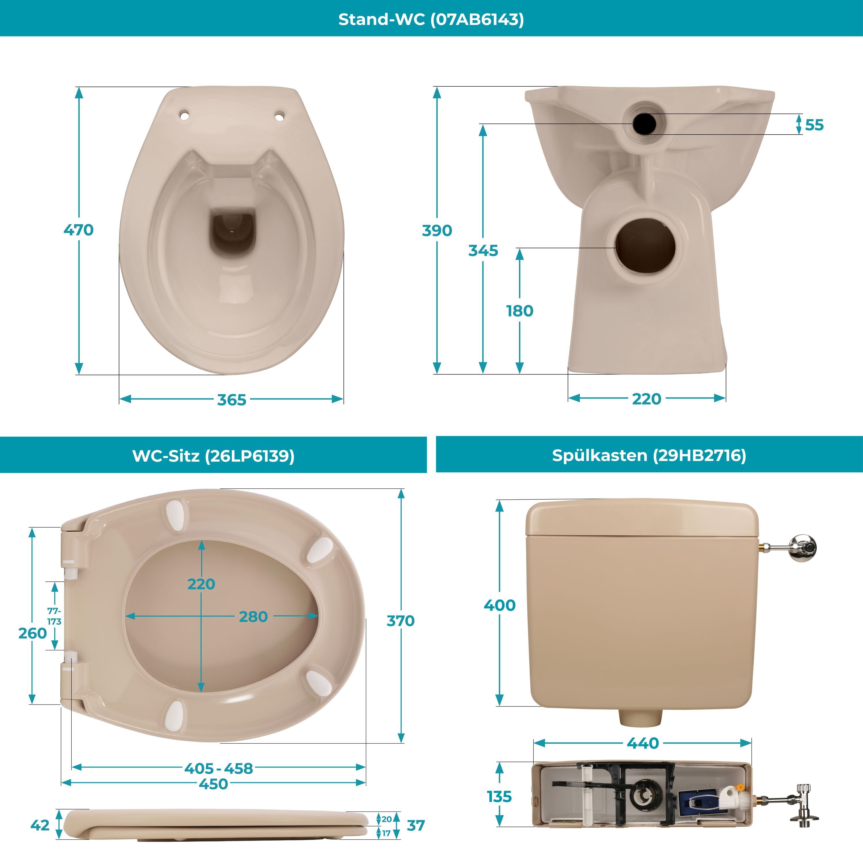 Calmwaters Tiefspül-WC Stand-WC spülrandlos, bodenstehend, Abgang Waagerecht, Set mit WC-Sitz und Spülkasten, Beige-Bahamabeige, Absenkautomatik, Abnehmbar, 990 – Bild 5 von 5