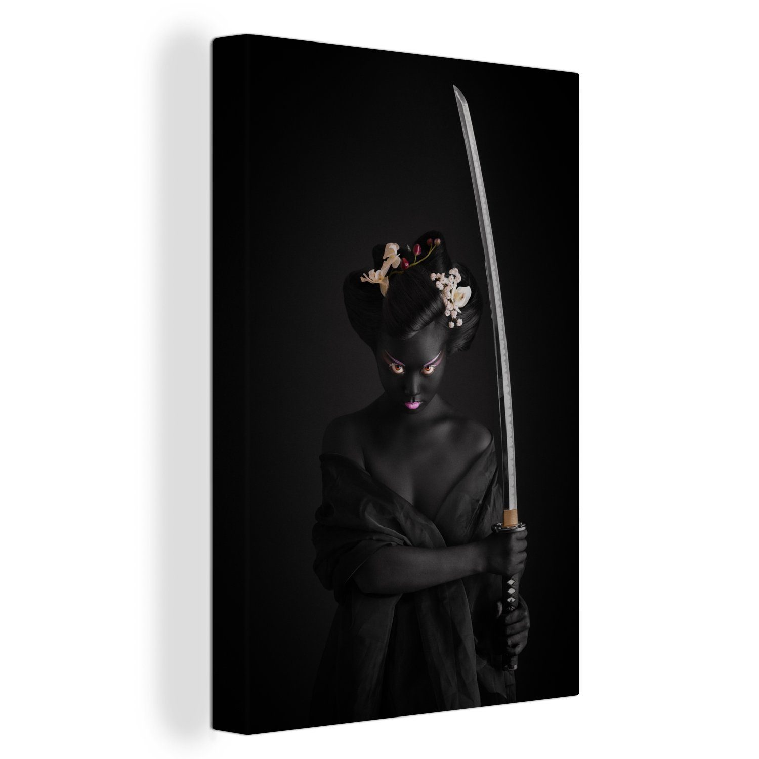 Samurai cm Leinwandbild bespannt Hintergrund, Japanischer fertig Gemälde, (1 Zackenaufhänger, Leinwandbild vor St), schwarzem 20x30 OneMillionCanvasses® inkl.