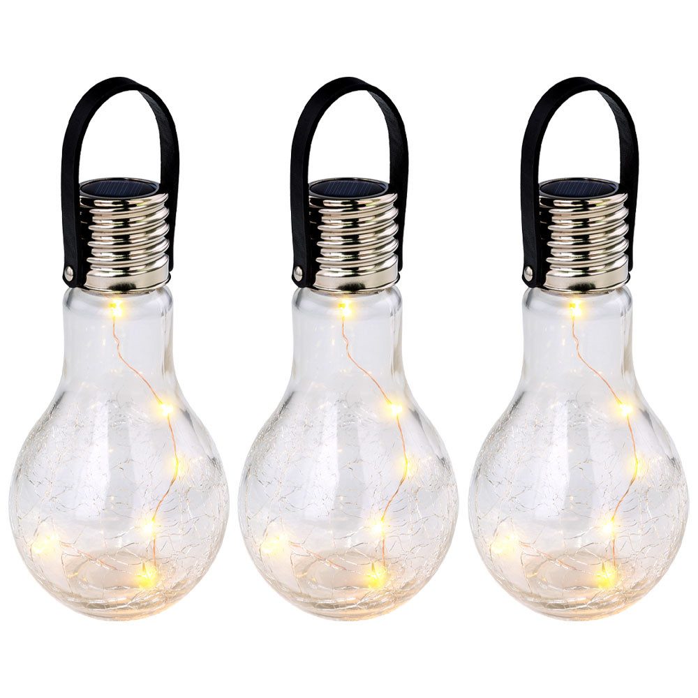 GLOBO LIGHTING LED Solarleuchte, LED-Leuchtmittel fest verbaut, Warmweiß, 3x LED Solar Pendel Lampe Crackle Glas Glühbirne Außen Deko