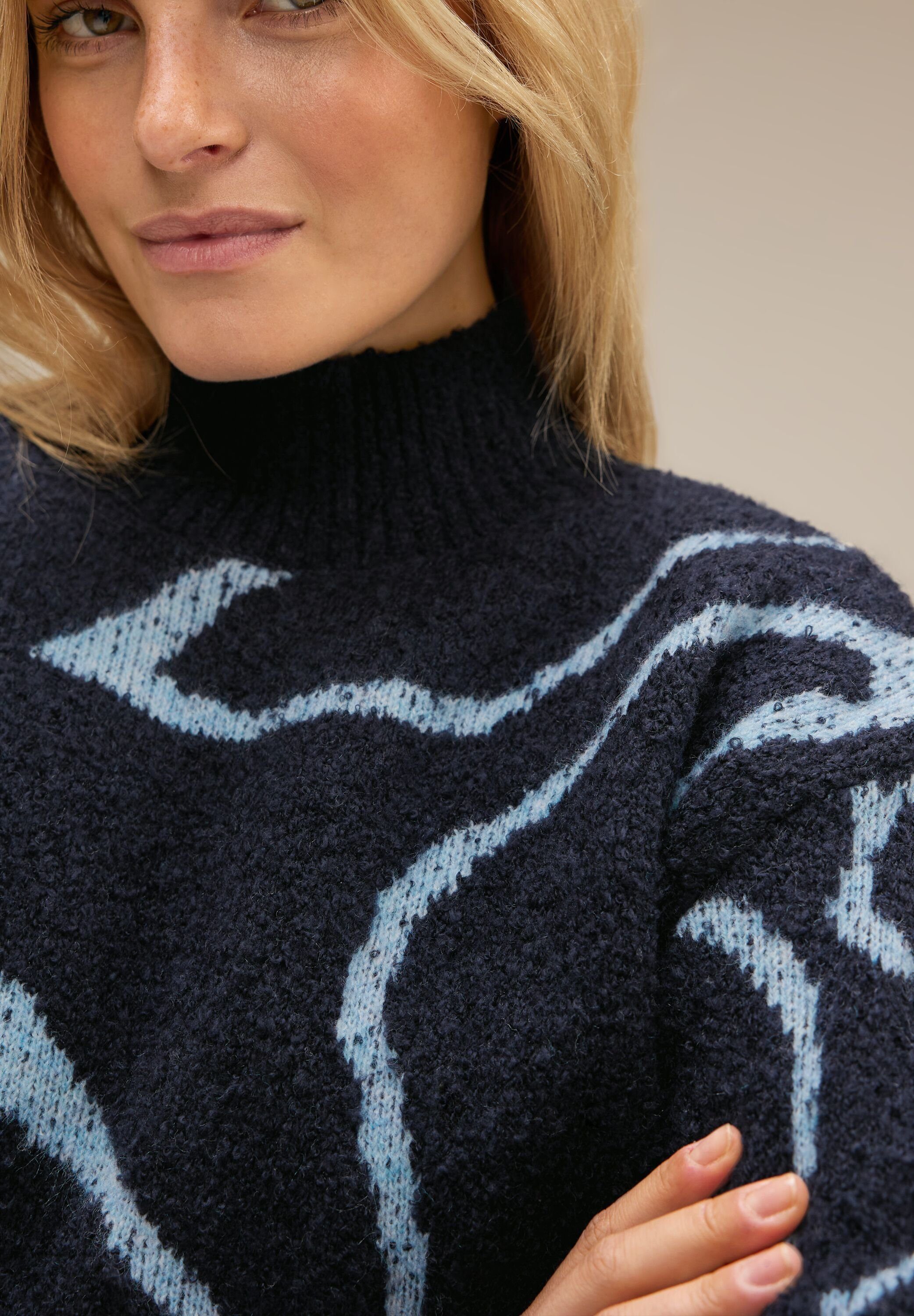 STREET ONE Strickpullover Boucle Dessin Sweater deep mit blue Stehkragen
