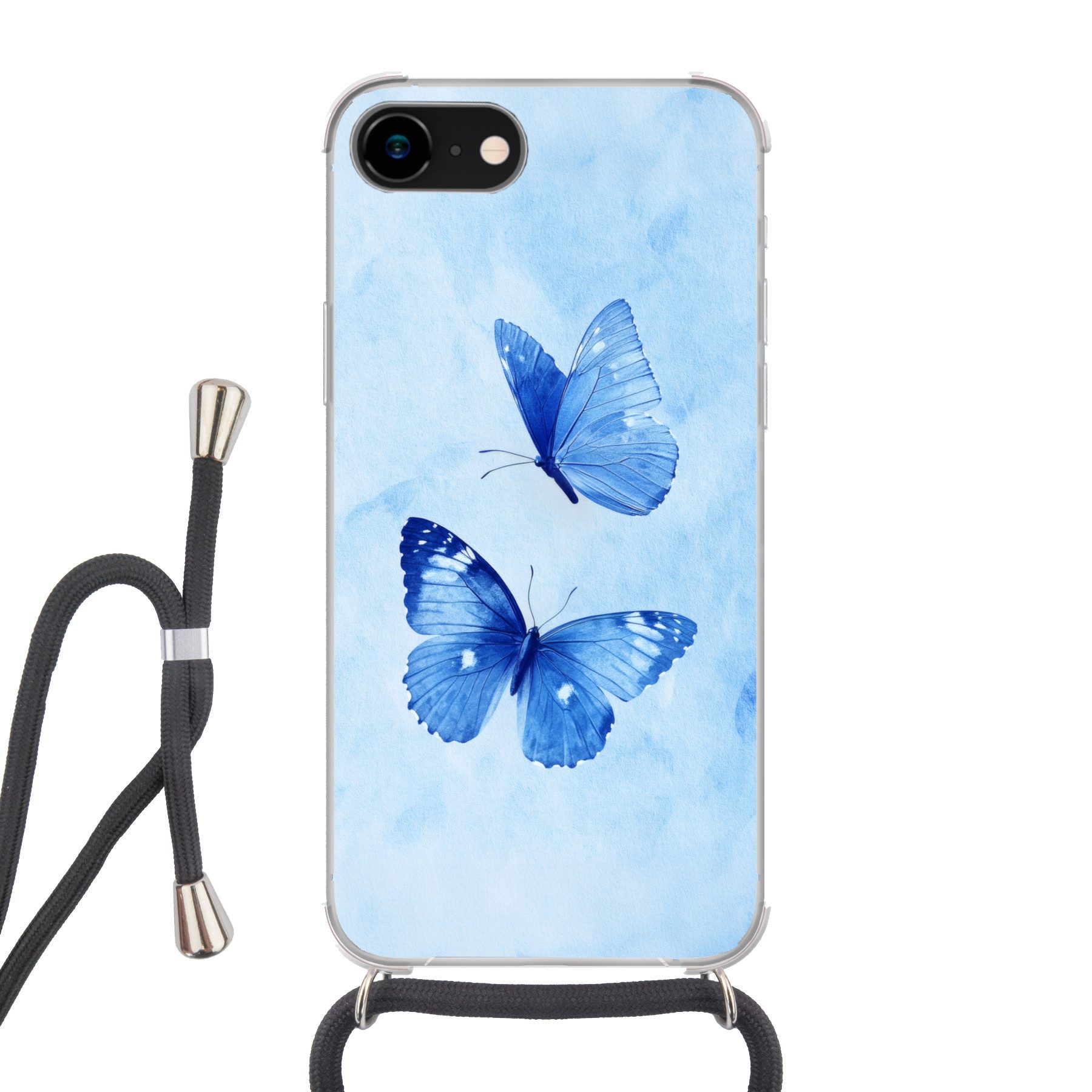 MuchoWow Handyhülle für Apple iPhone 7 Schmetterlinge - Ornamental - Blau, Tragbare Handyhüllen mit Kette zum umhängen, Handykette Handyband