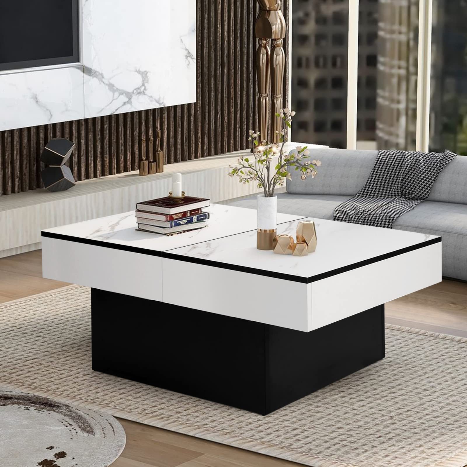 VOWNER Couchtisch Hochglanz-Sofatisch mit 2 Stauräumen, Beistelltisch, Wohnzimmertisch, mit Schiebefunktion, modern und ausziehbar – Bild 4 von 5
