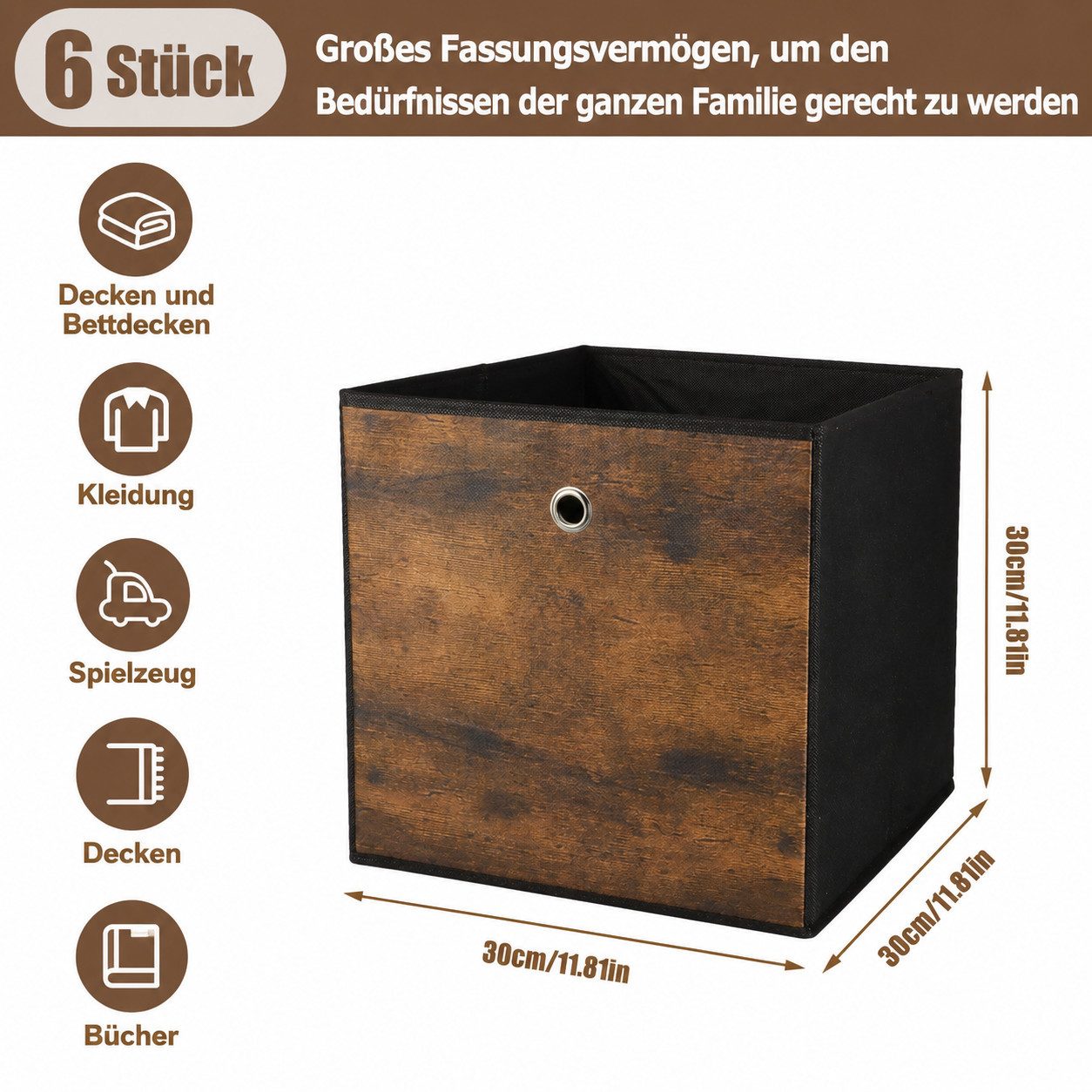 BlingBin Faltbox Aufbewahrungsboxen, faltbare Stoffboxen (6er Set, 6 St., 30x30x30 cm), für Würfelregal, Ordnungsboxen mit Griff, Braun-Schwarz