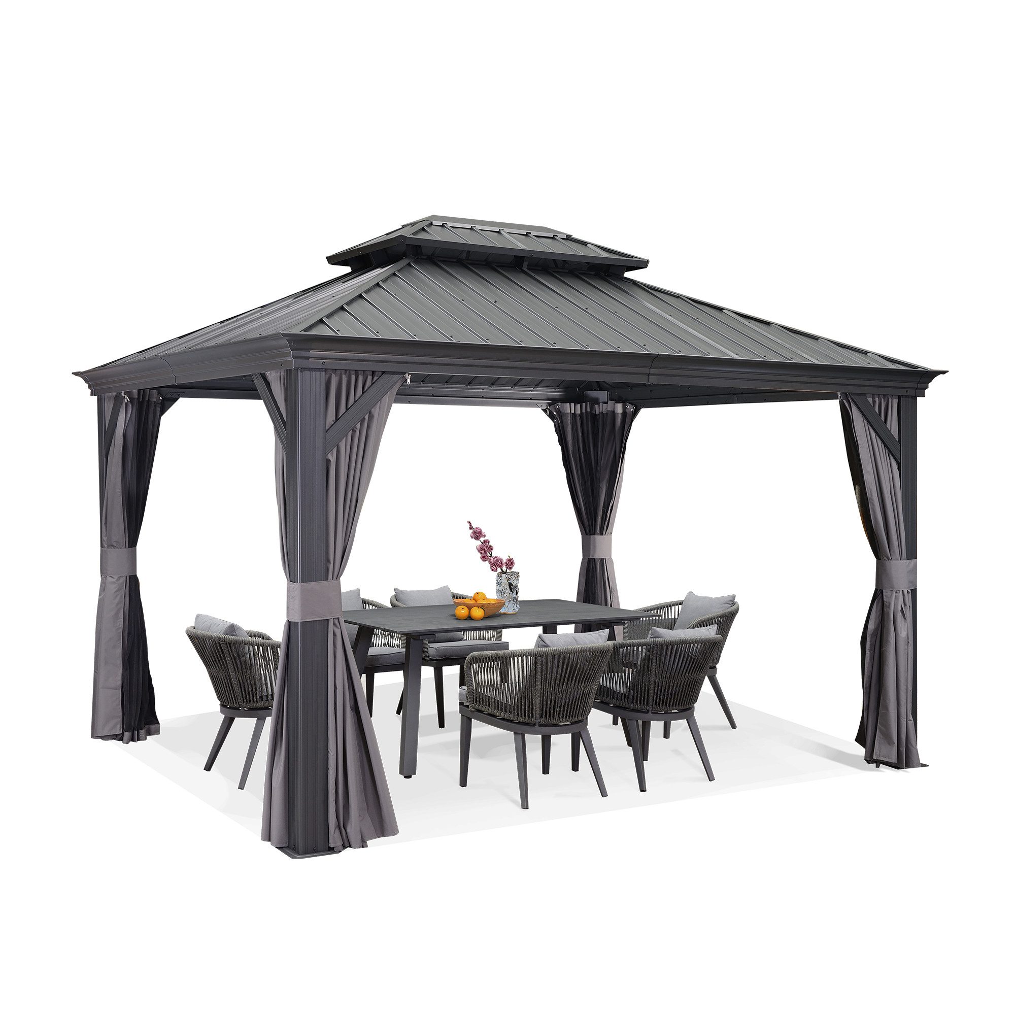 PURPLE LEAF Pavillon Alu Pavillon mit Hardtop Dach für Garten und Terrasse, Grau, Winterfester und wasserdichter Pavillon