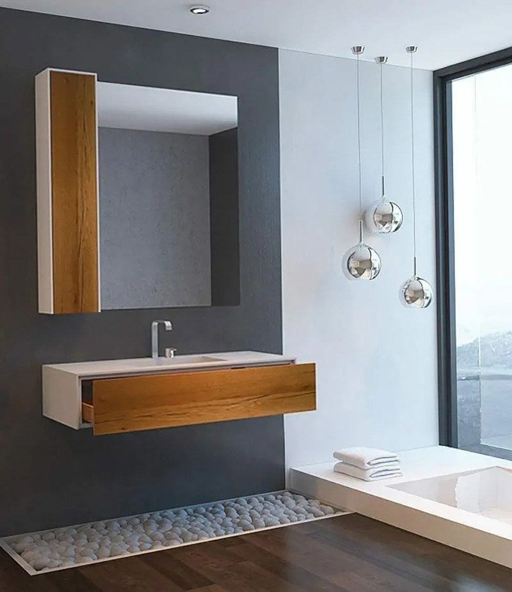 Henneke Waschtisch Corian® WoodOne mit Becken mittig eckig und Unterschrank einreihig, Fugenlos aus Mineralwerkstoff