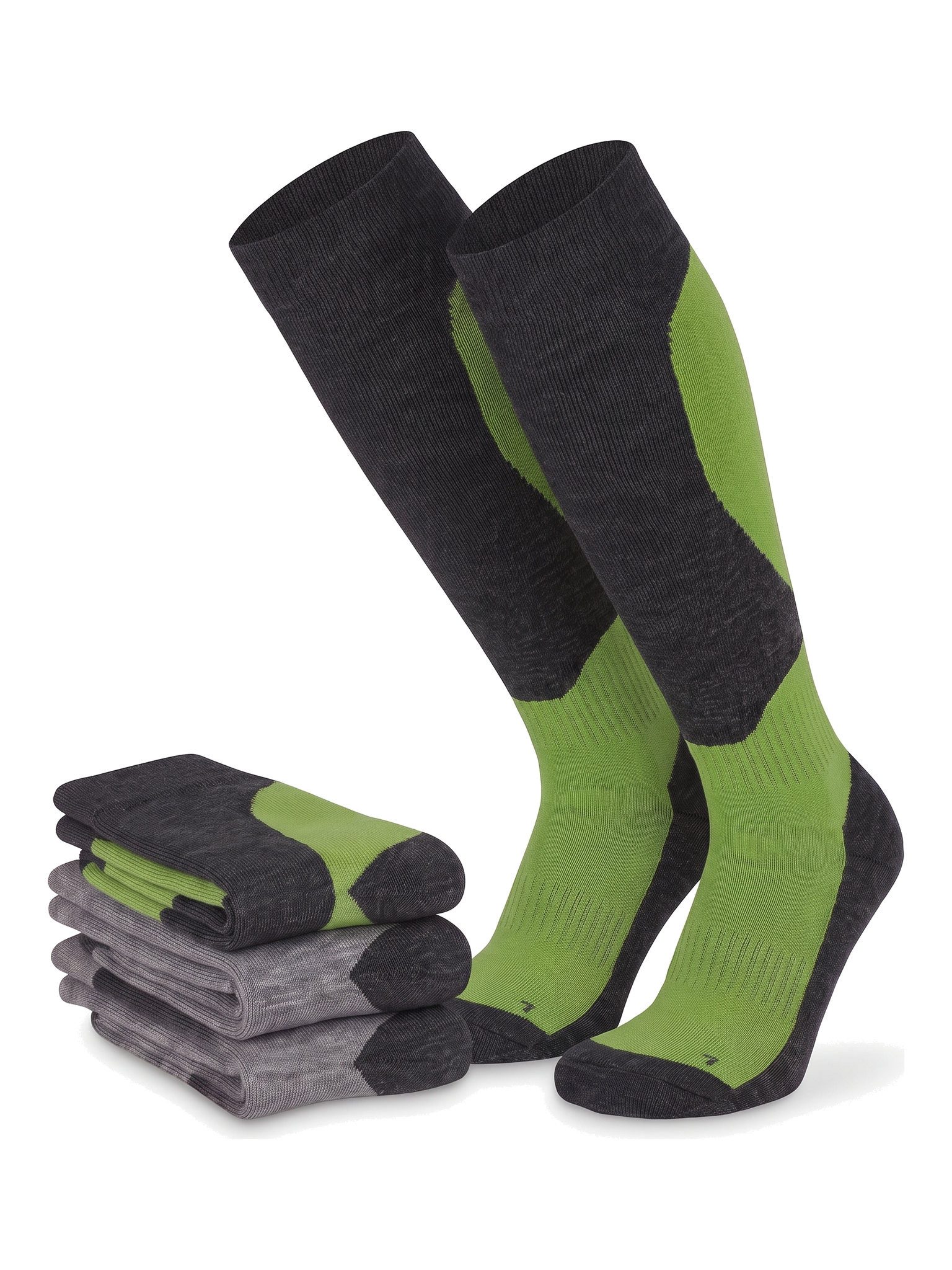 Black Snake Skisocken für Kinder mit Wolle als lange Skistrümpfe für Jungen und Mädchen (Socken-Set, 4-Paar, Grau-Grün 31/34) Breites weiches Bündchen und Rippstruktur an Rist und Knöchel mit Halt