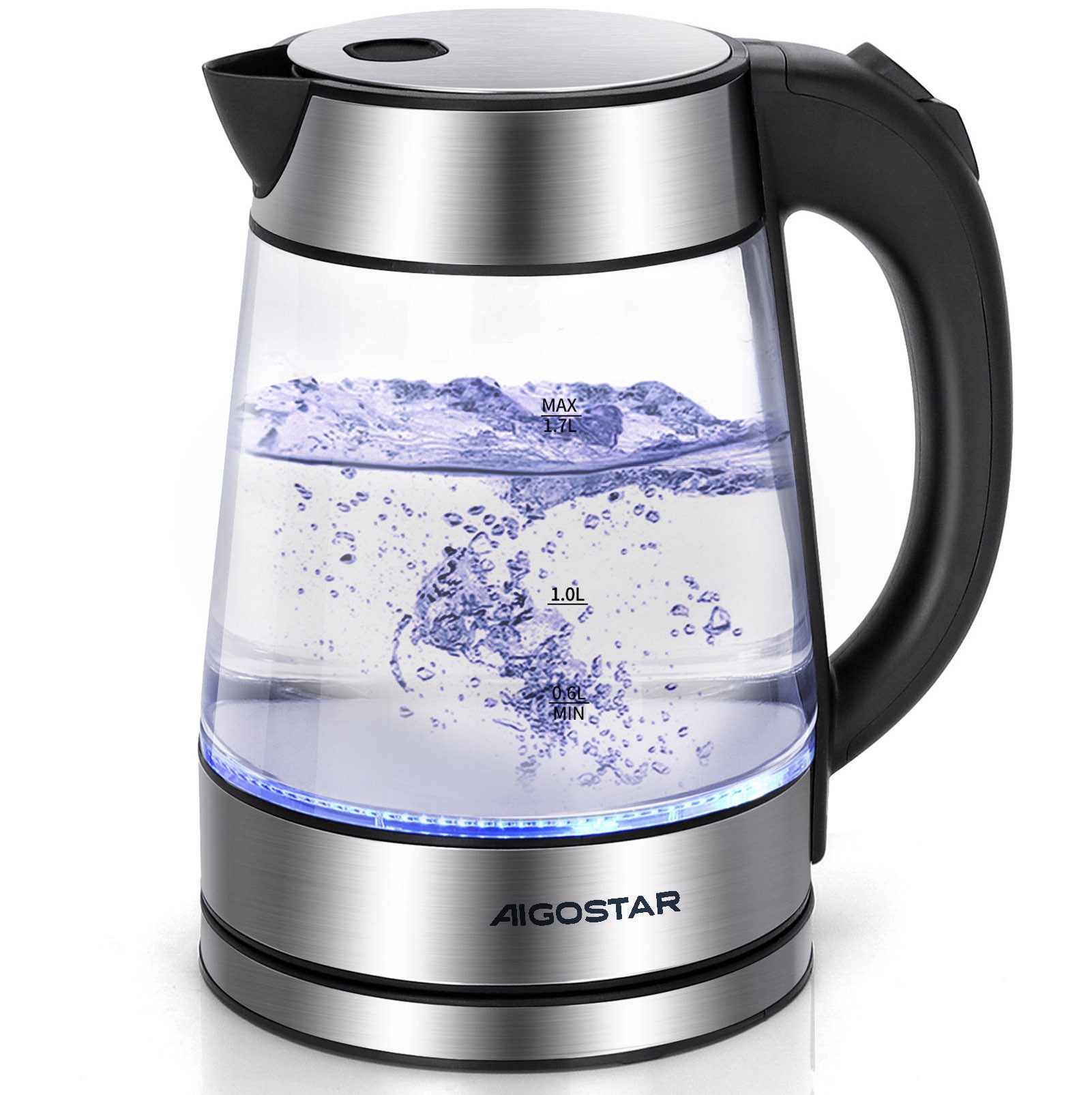 Aigostar Wasserkocher Chubby - Glaswasserkocher mit LED Beleuchtung, Auto-off, BPA frei, 1.7 l, 2200,00 W, Edelstahl