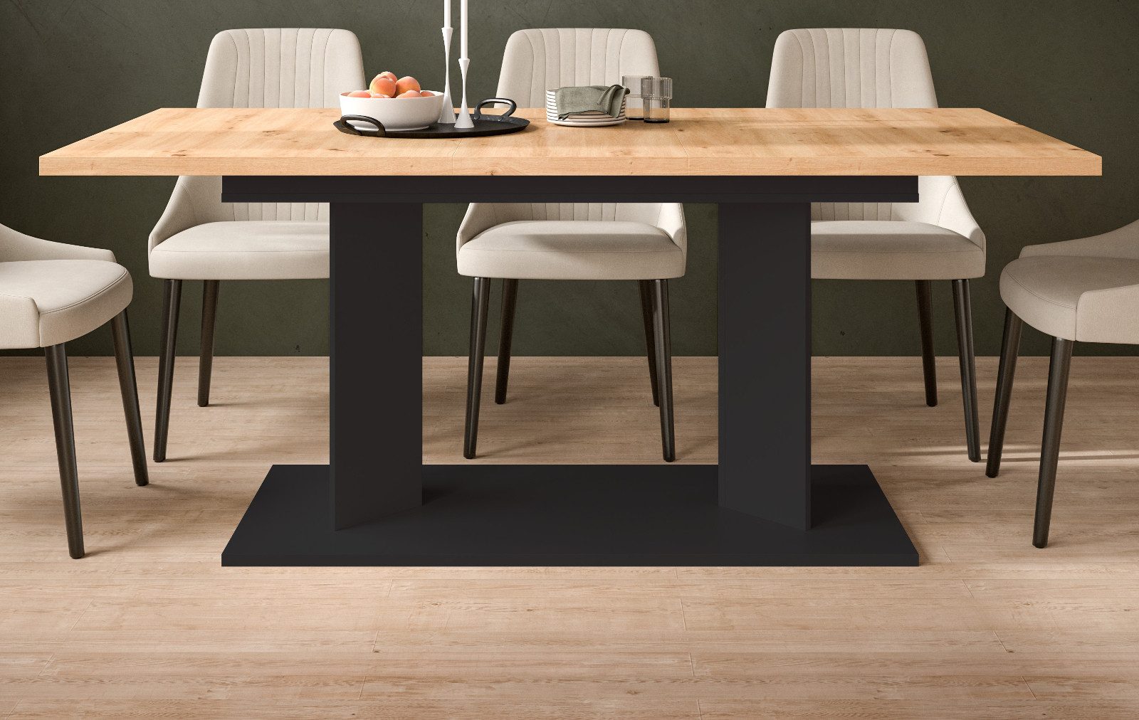 Inn.Furn Säulen-Esstisch Anton (Küchentisch in Eiche Artisan mit Schwarz, 2-fach ausziehbar 140 - 180 - 220 cm), flexibel verlängerbar von 4 bis zu 10 Personen