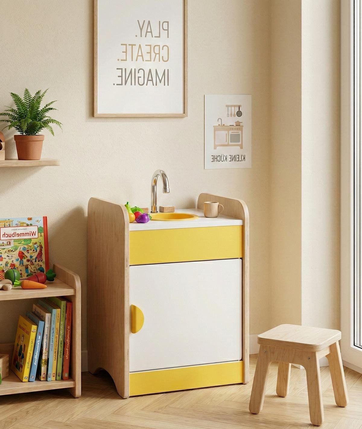 Xlmoebel Spielküche Bunte Kinder-Spüle aus Holz mit praktischem Stauraum Holz, Made in Europa
