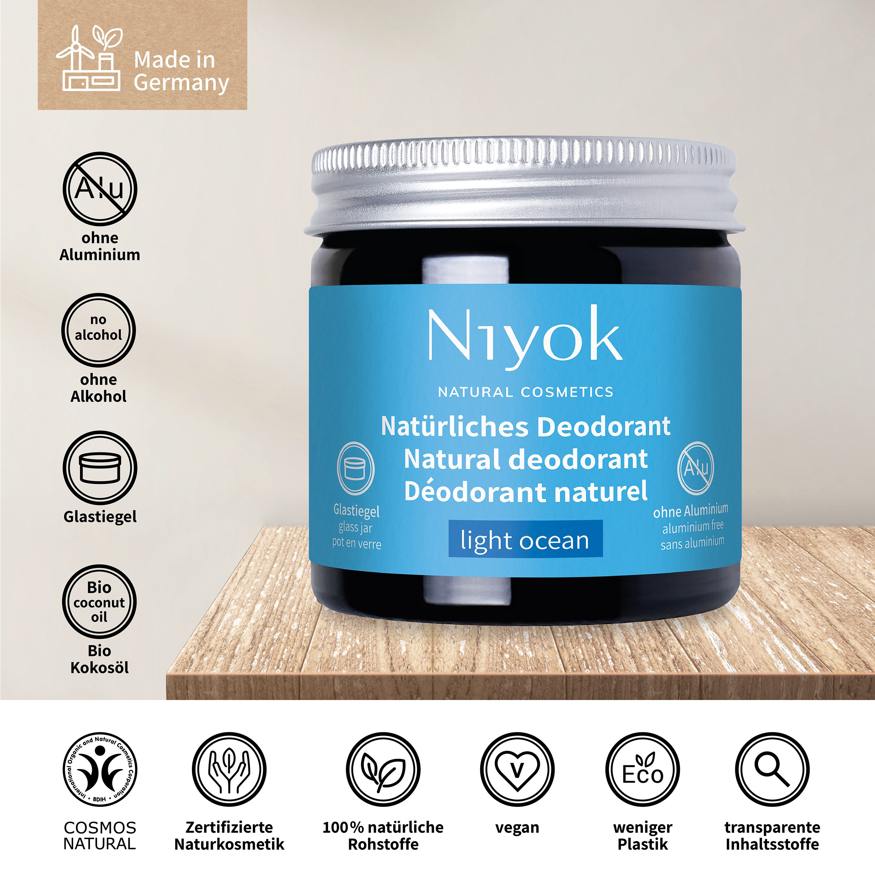 Niyok Deo-Creme 2-in-1 anti-transpirant, Schutz vor Geruch & Schweiß, ohne Alluminium, Light Ocean, Deodorant Creme Unisex, Feste Deo Creme, vegan