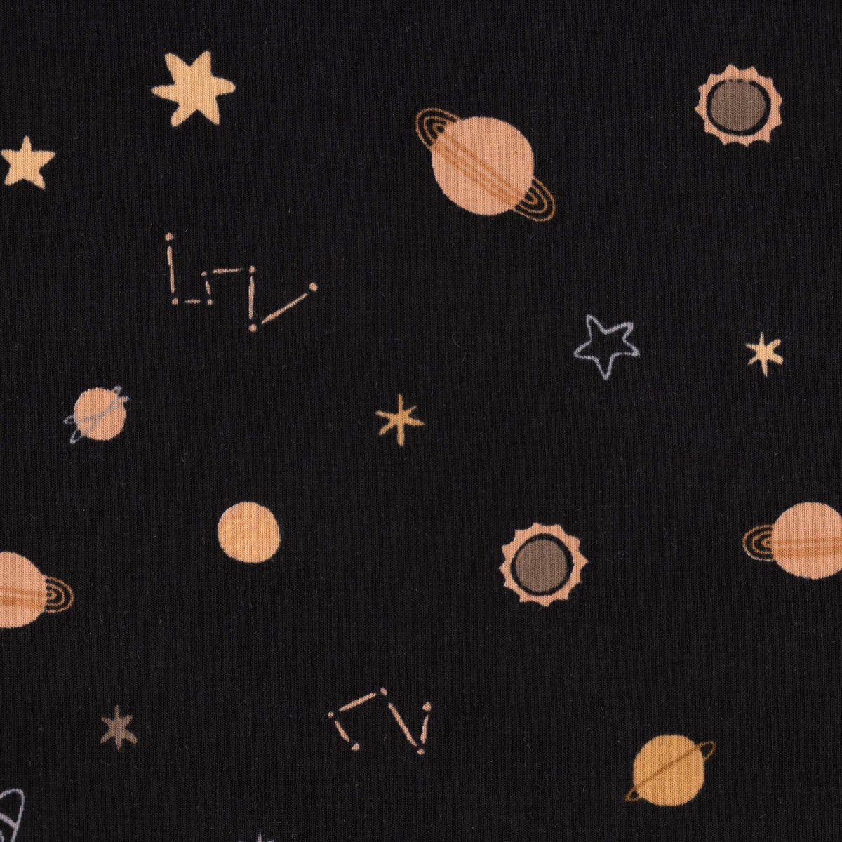 SCHÖNER LEBEN. Stoff Baumwolljersey SPACE Rakete Planeten Sterne schwarz hellbraun ocker 1, allergikergeeignet