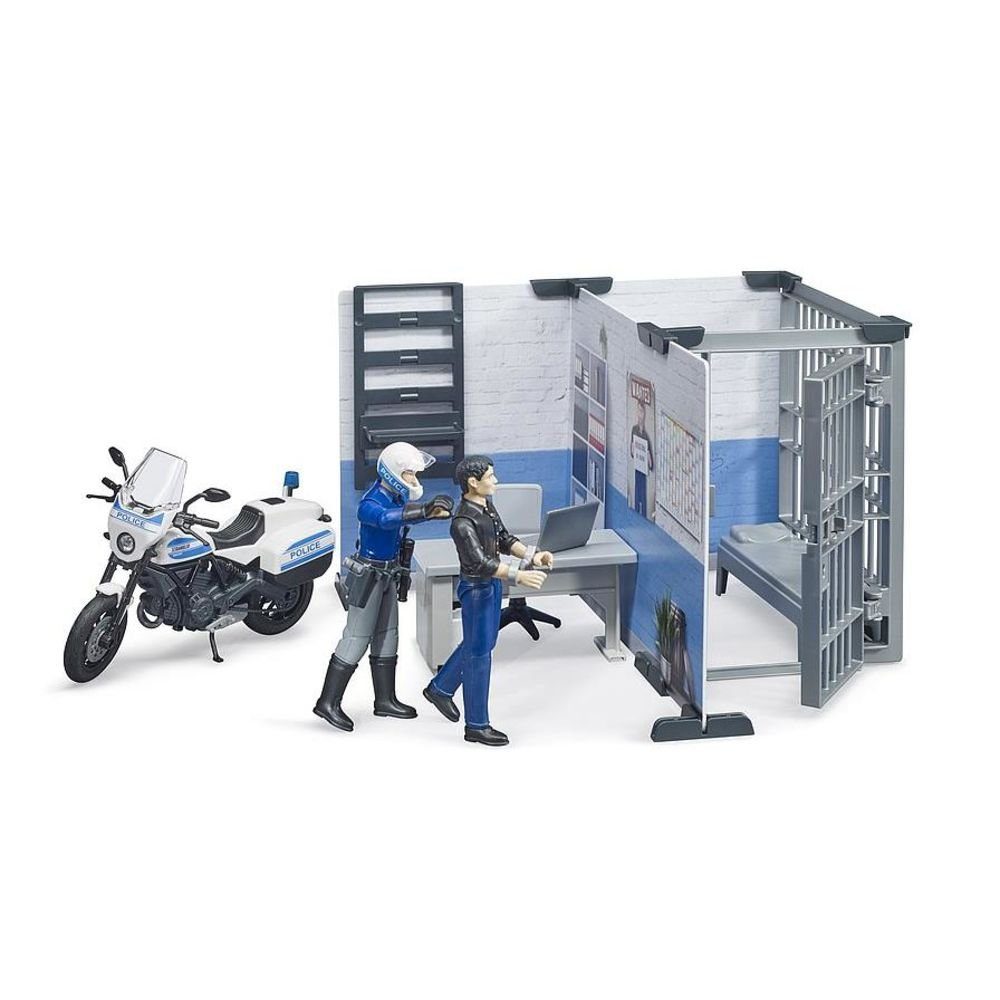 Maßstab bworld Polizist, Spielwelt Polizeimotorrad, 1:16, mit Spielfigur Gefängiszelle - Polizeistation Bruder® 62732