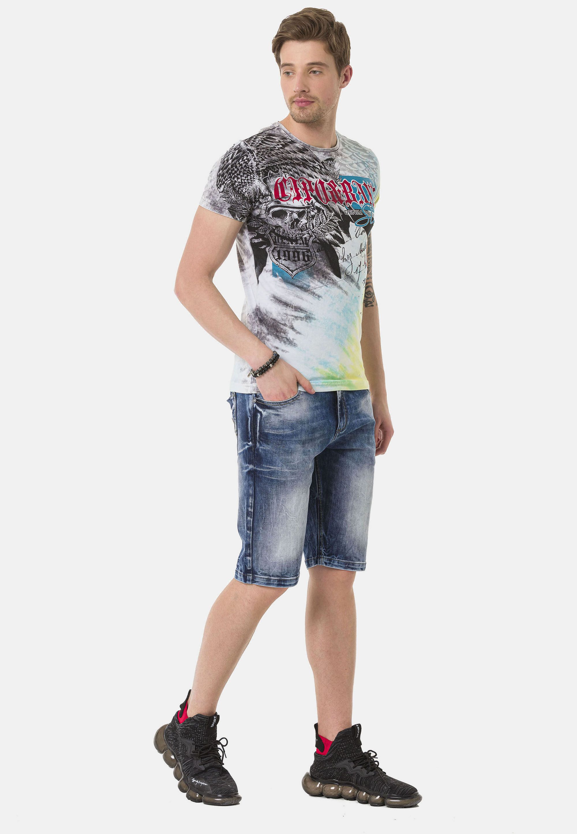 Cipo & Baxx T-Shirt T-Shirt im Batik-Look mit Print auf Front und Rücken
