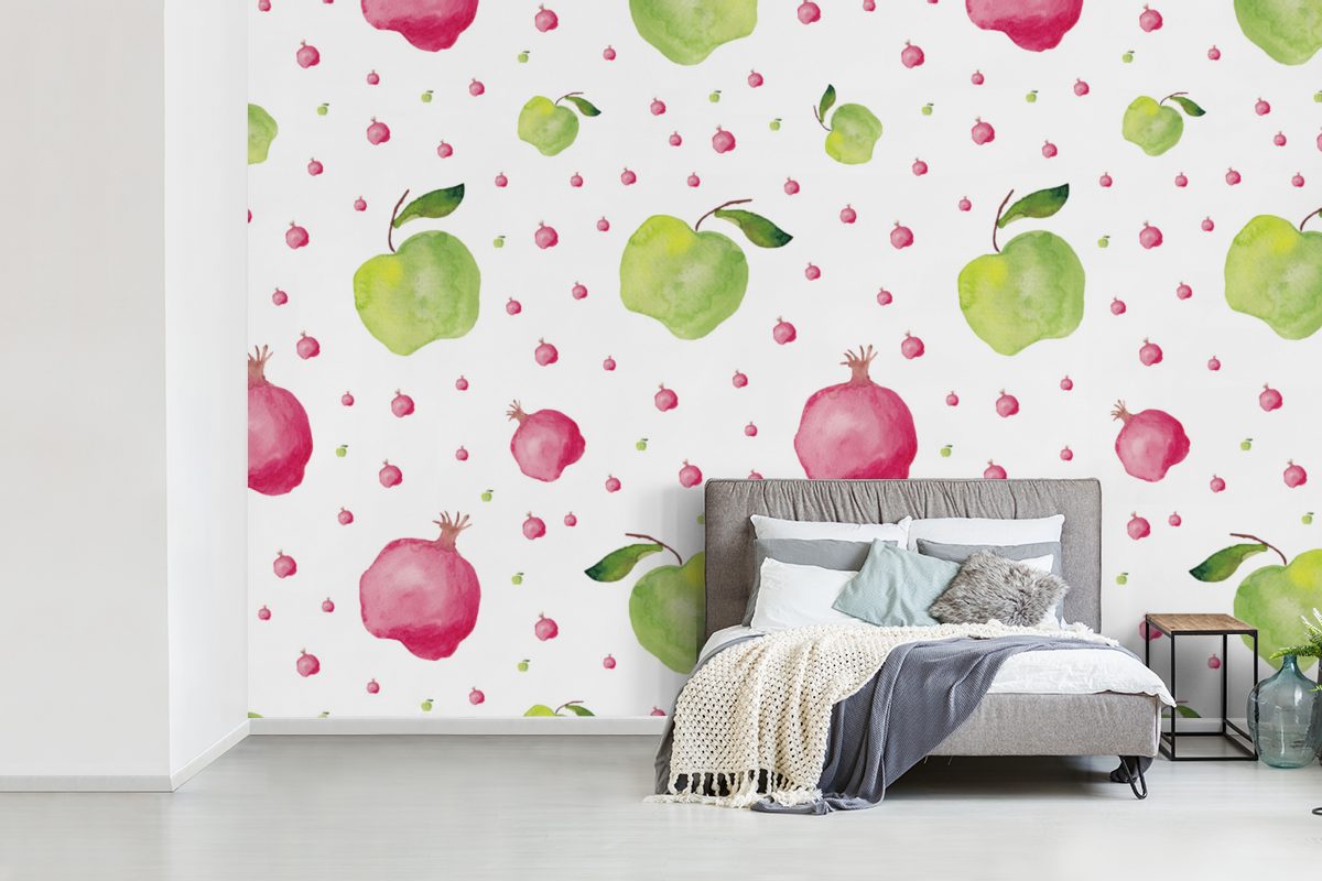 MuchoWow Fototapete Apfel - Vorlagen, bedruckt, Tapete (6 St), - Matt, Schlafzimmer, Granatapfel für Wohnzimmer, Kinderzimmer, Vinyl Wallpaper