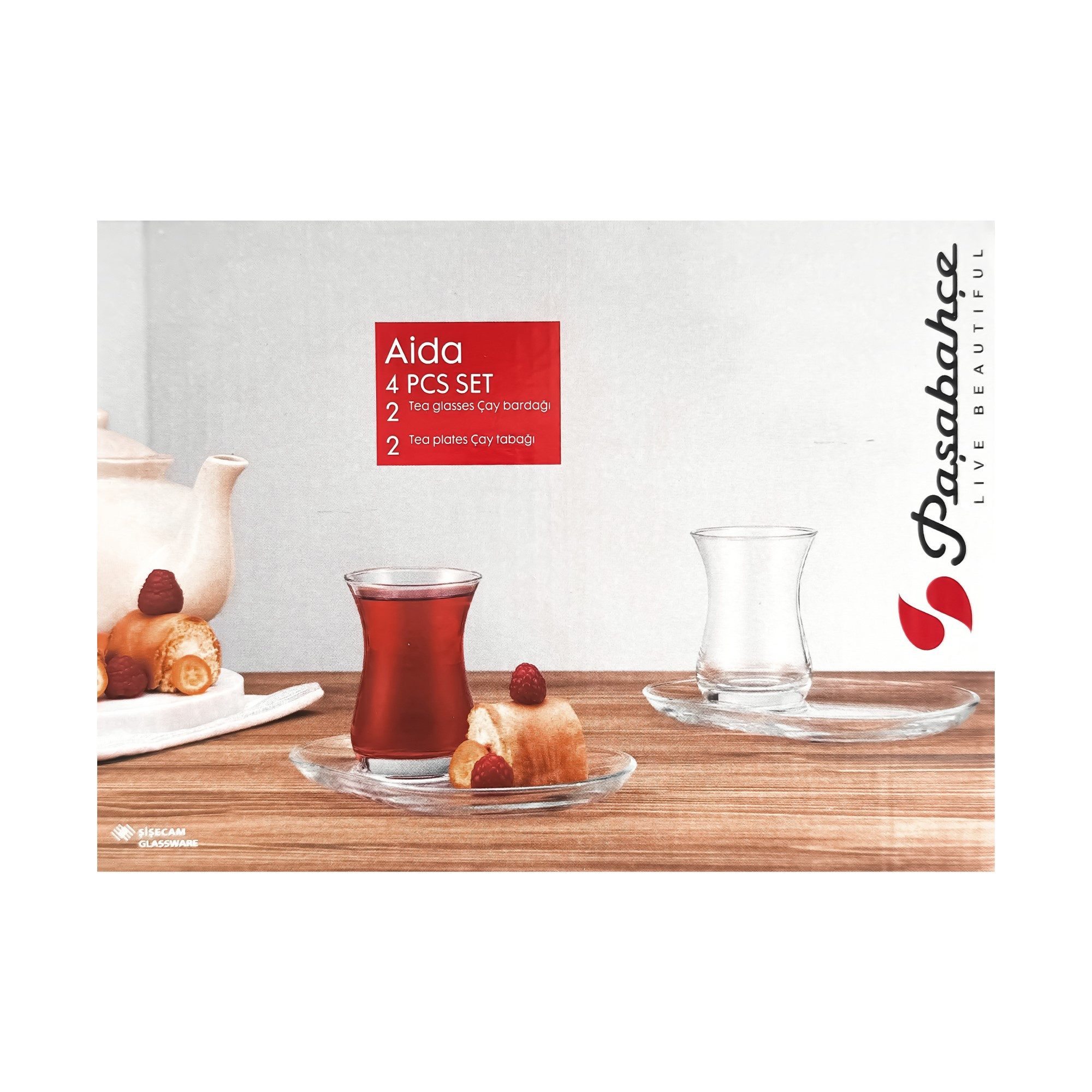 Pasabahce Teeservice 4 Tlg. Aida Teeservice-Set aus Glas 2 Teegläser mit 2 Unterteller (4-tlg)