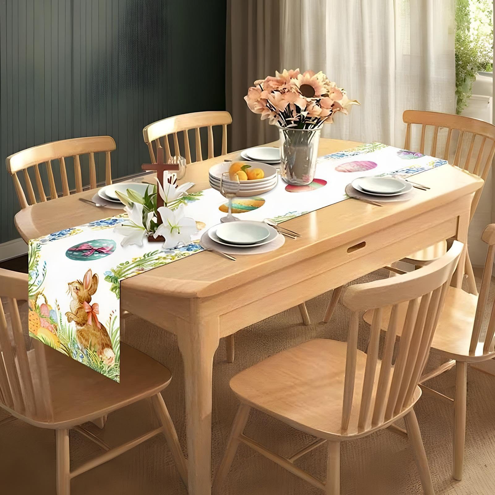Minicloss Tischläufer Ostertischläufer 183×33 cm – Rustikale Frühlingsdeko mit Ostereiern (1-tlg), wiederverwendbar, dekorativer Tischläufer für Esszimmer & Küche