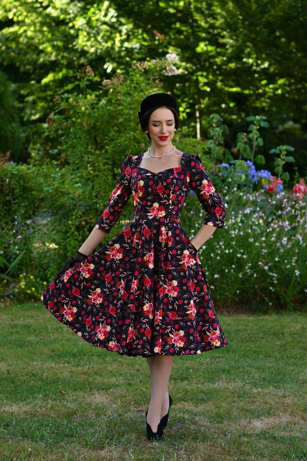 Hearts & Roses London A-Linien-Kleid Margot Floral Blumen Rosen Vintage Retro 50er
