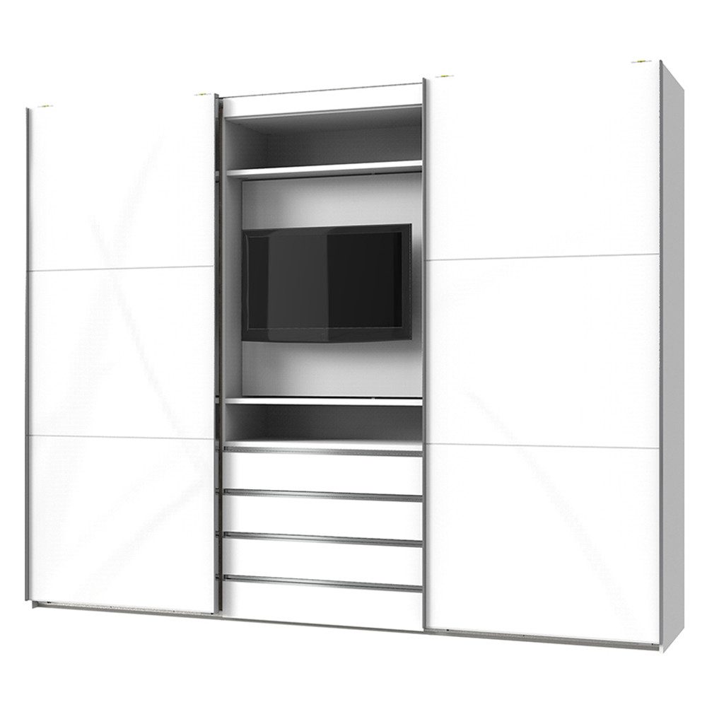 Lomadox Kleiderschrank MIDLAND-43 in weiß Glasfront TV Halterung Schubladen 300x236x65 cm