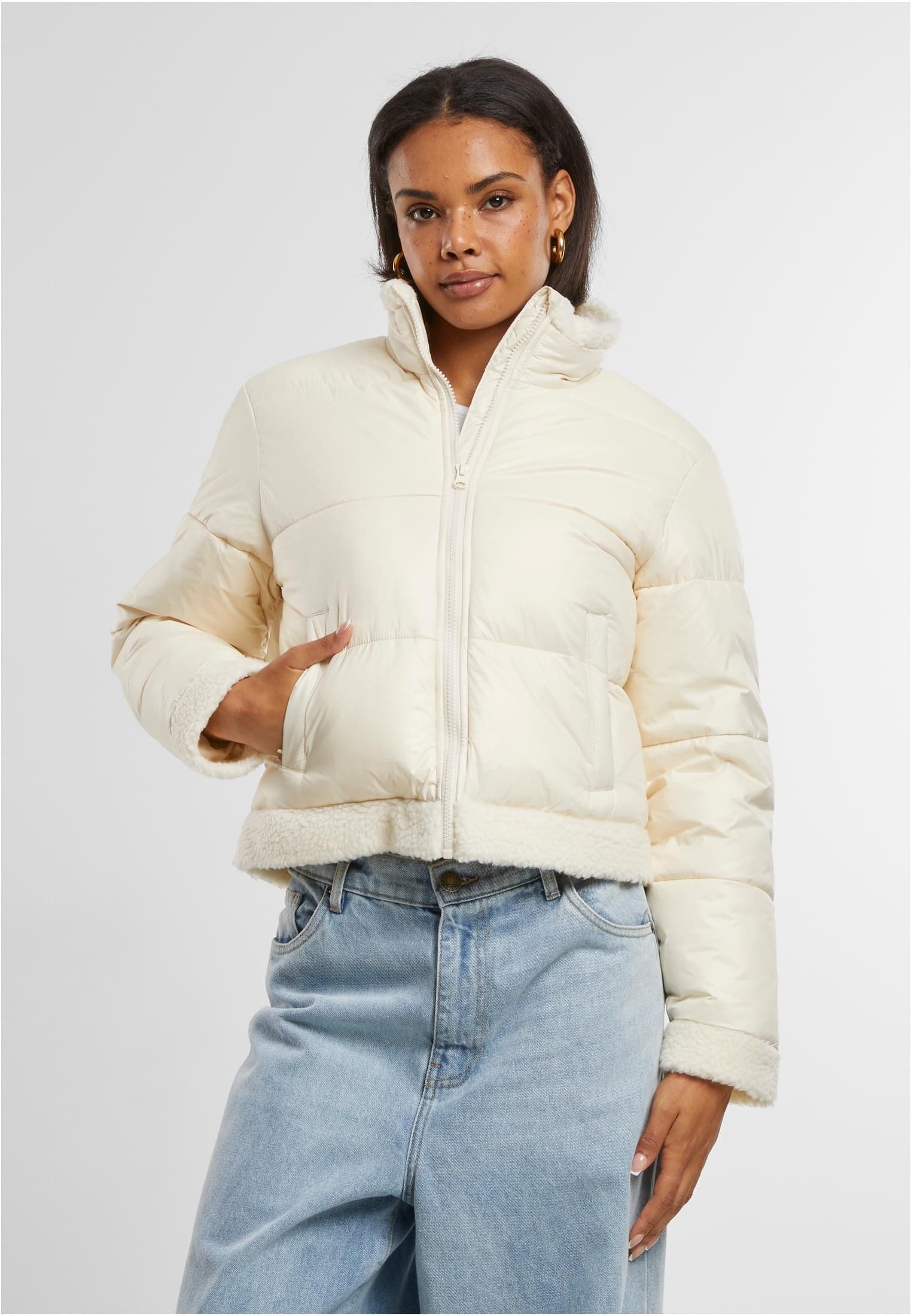 URBAN CLASSICS Outdoorjacke Ladies Recycled Shiny Puffer Sherpa Jacket Damen Jacke