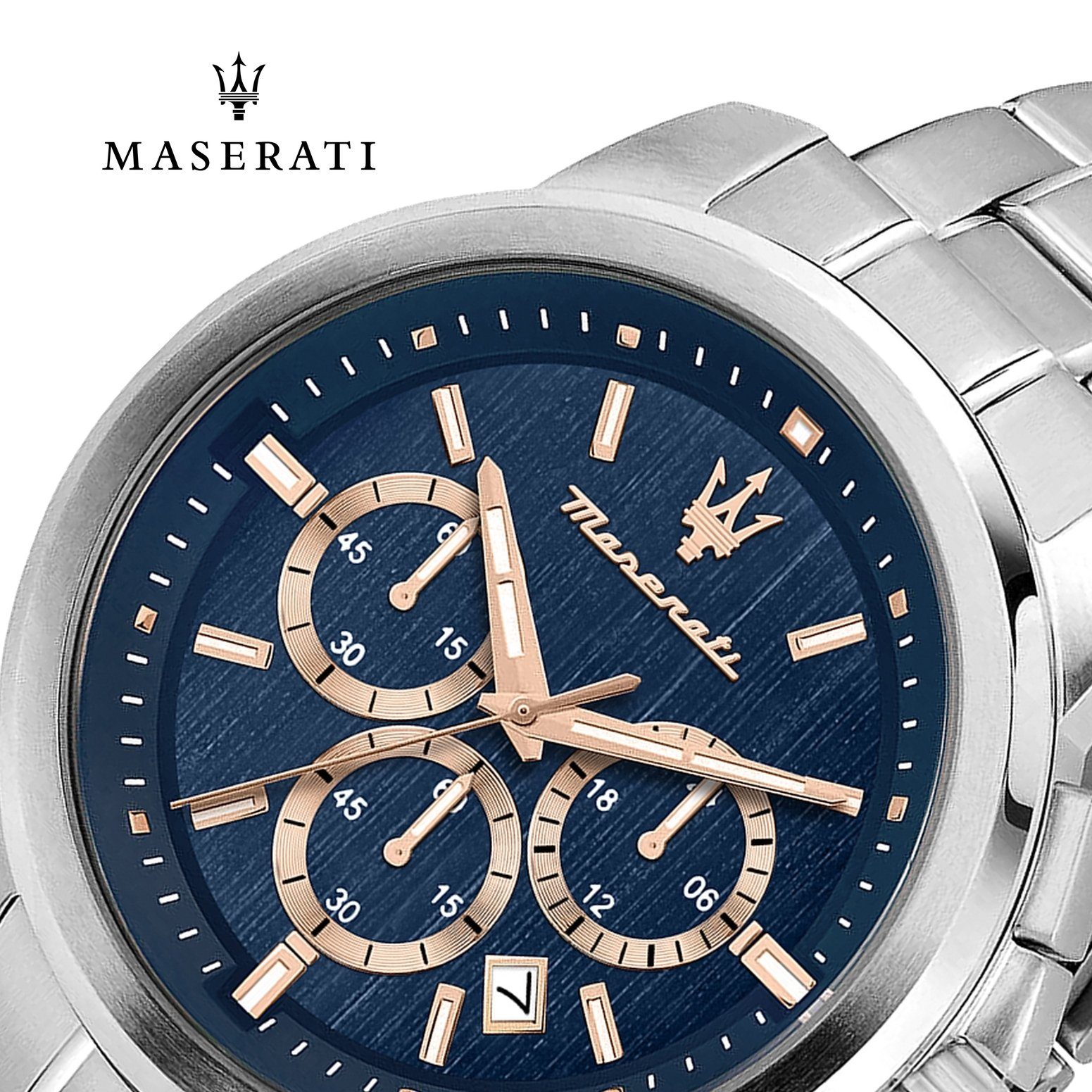 MASERATI Chronograph Maserati Chrono, Herrenuhr Herrenuhr groß Italy Successo silber blau, rund, roségold, 44mm) Made-In (ca. Edelstahlarmband