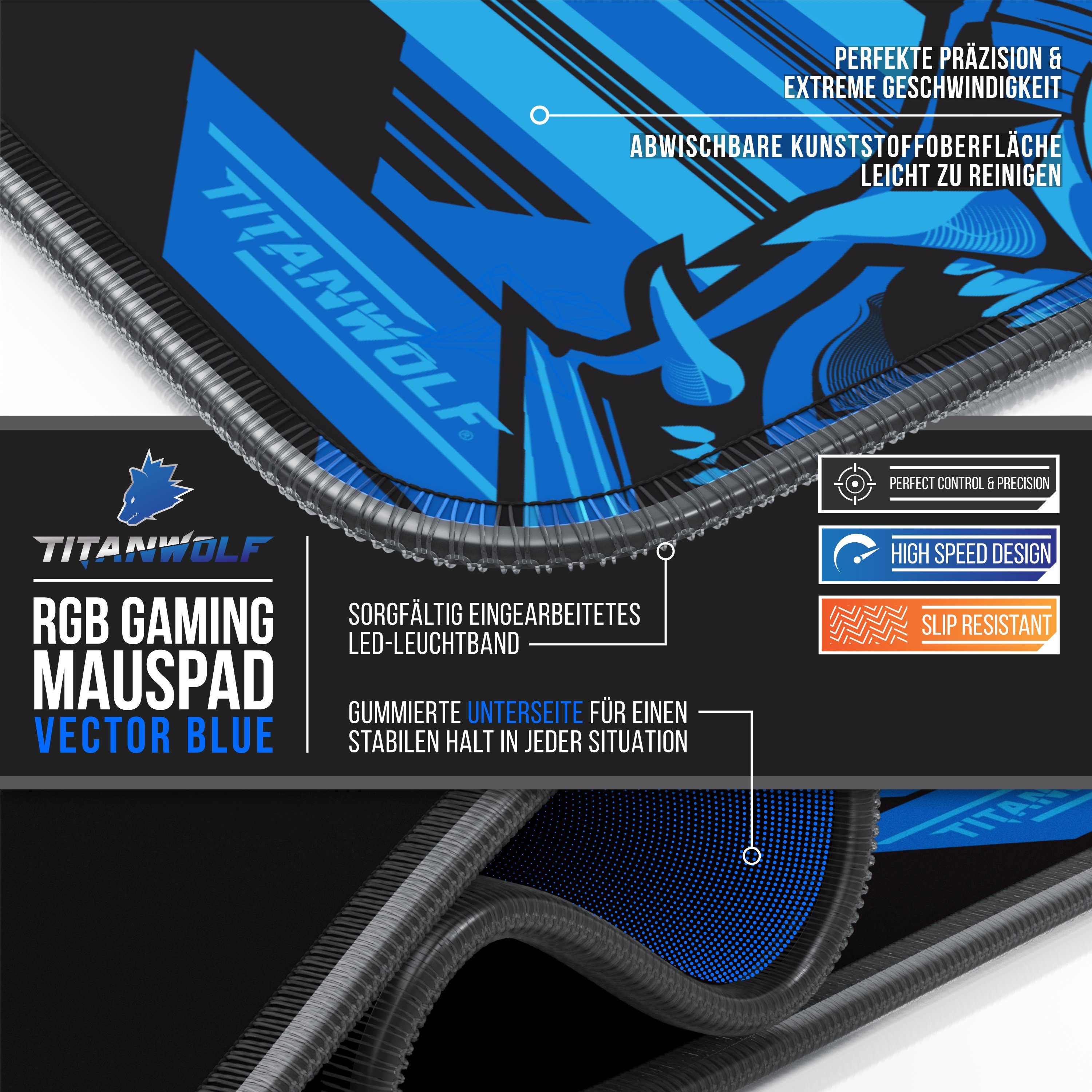 Titanwolf Gaming Mauspad RGB Mousepad 800 x 300 x 3 mm, LED Multi Color XL Tischunterlage (1-St), rutschfest, abwaschbar, Geschwindigkeit & Präzision, Vector Bl – Bild 3 von 5