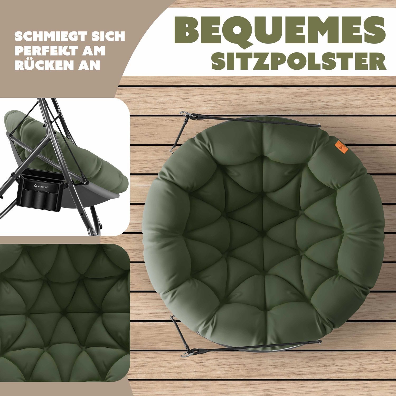 KESSER Hängesessel Bali Hängesessel mit Gestell Hängeschaukel Hängestuhl bis 150kg (mit Wipp Funktion, Kissen & Seitentasche), Hängekorb Stahlgestell Schaumstoff Sitzpolster für Wohnzimmer & Garten