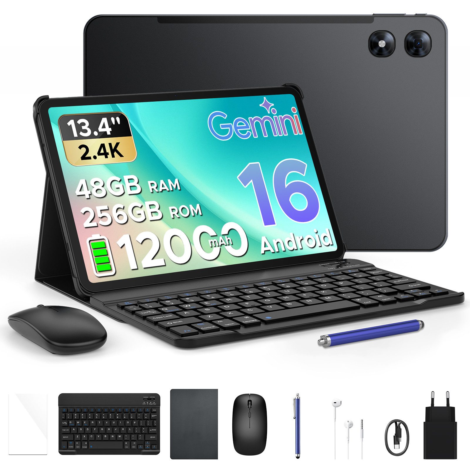 POCKAM P13 Pro Tablet mit Tastatur 13,4'' 2.4K 120Hz 12000mAh Android16 Tablet (13.4", 256 GB, Android 16, 4G LTE, 48GB RAM (12+36GB)/ 4G LTE/ 3,5-mm-Kopfhörerbuchse, Tastatur, Hülle)