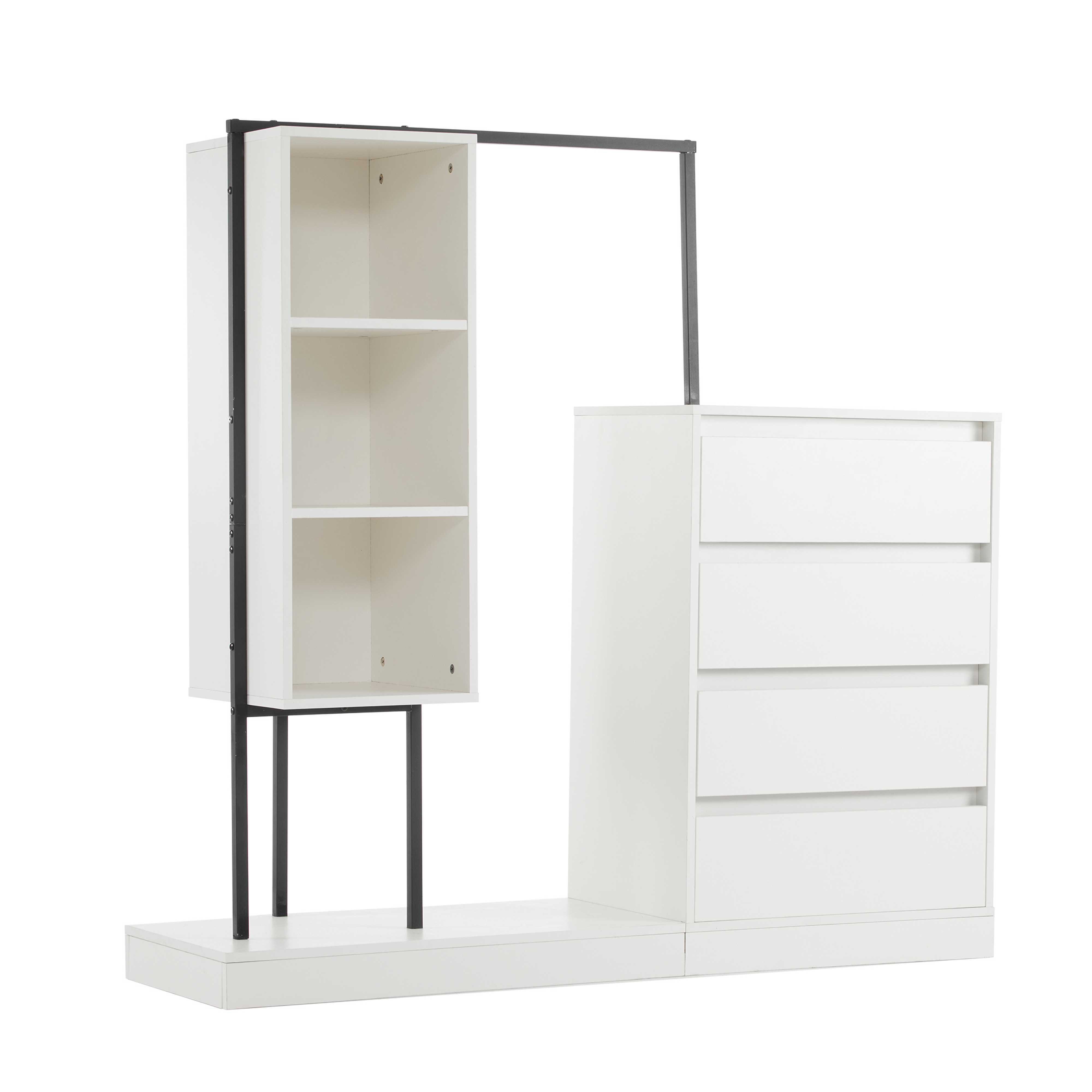 BlingBin Garderobenschrank Kleiderschrank Garderobenständer Kompaktgarderobe (1-St., mit 4 Schubladen, 1 Kleiderstange und offenen Staufächern) 140×40×135, für Schlafzimmer, Flur und Wohnzimmer