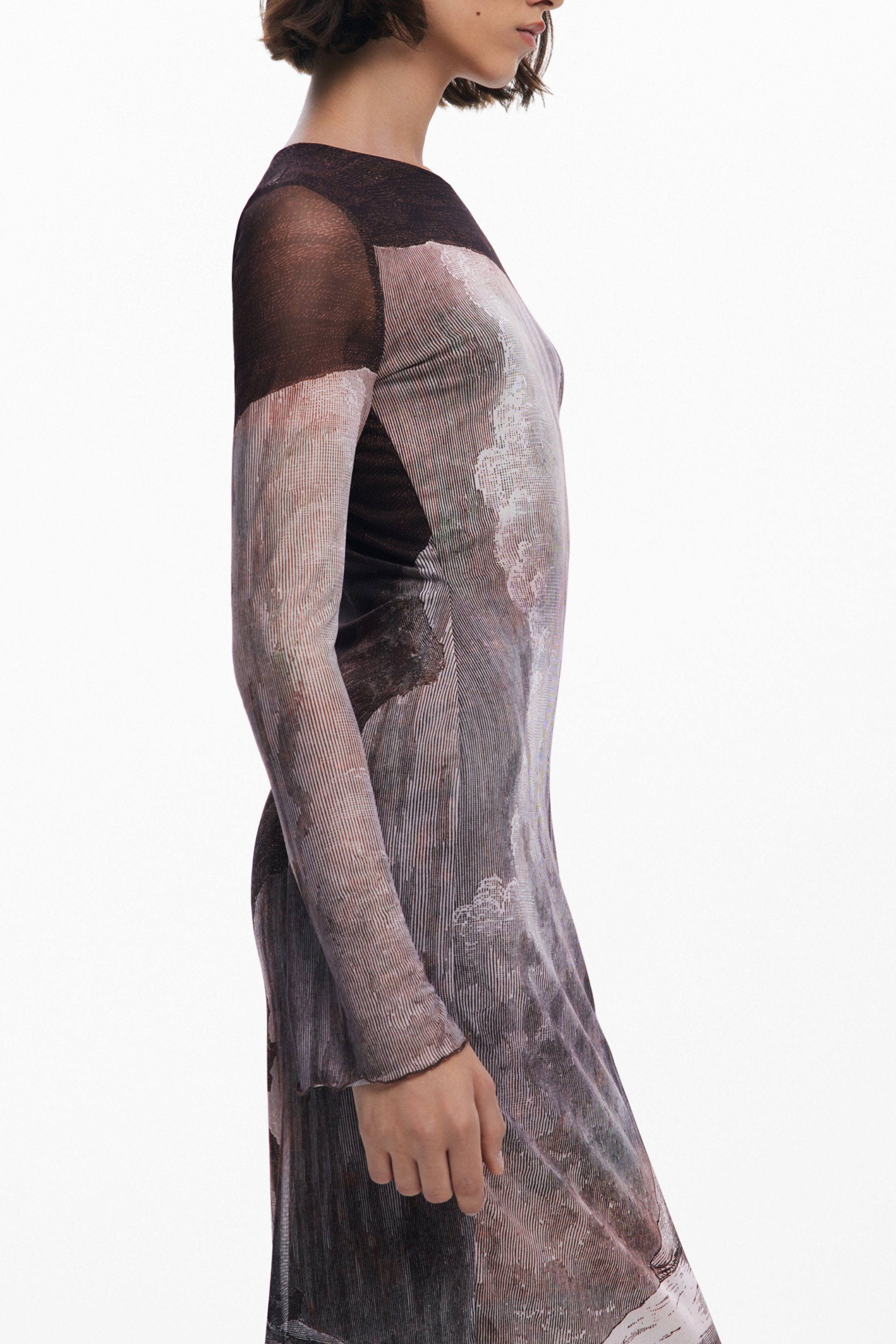 Desigual Partykleid Stylisches Damen Maxikleid in Braun mit Rundhals und langen Ärmeln