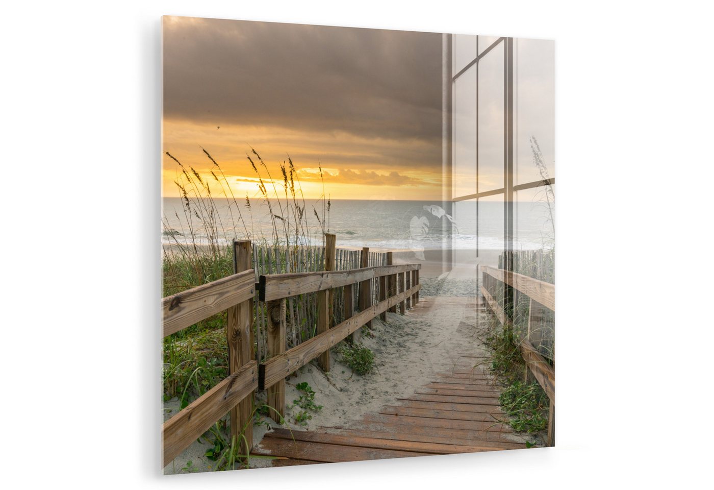 MuchoWow Acrylglasbild Strand - Meer - Düne - Weg, Inkl. Aufhängung, Bilder auf Glas Wandbild, Wanddeko Wohnzimmer Badezimmer, 20x20 cm