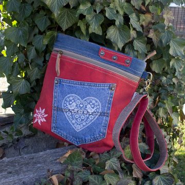 Domelo Umhängetasche Trachtentasche Schultertasche mit Herz Motiv Dirndl Tasche, echtes Leder, mit abnehmbaren Schulterriemen, Tracht Vintage Style, Frontfach, enthält recyceltes Material, Ring für Schlüsselanhänger