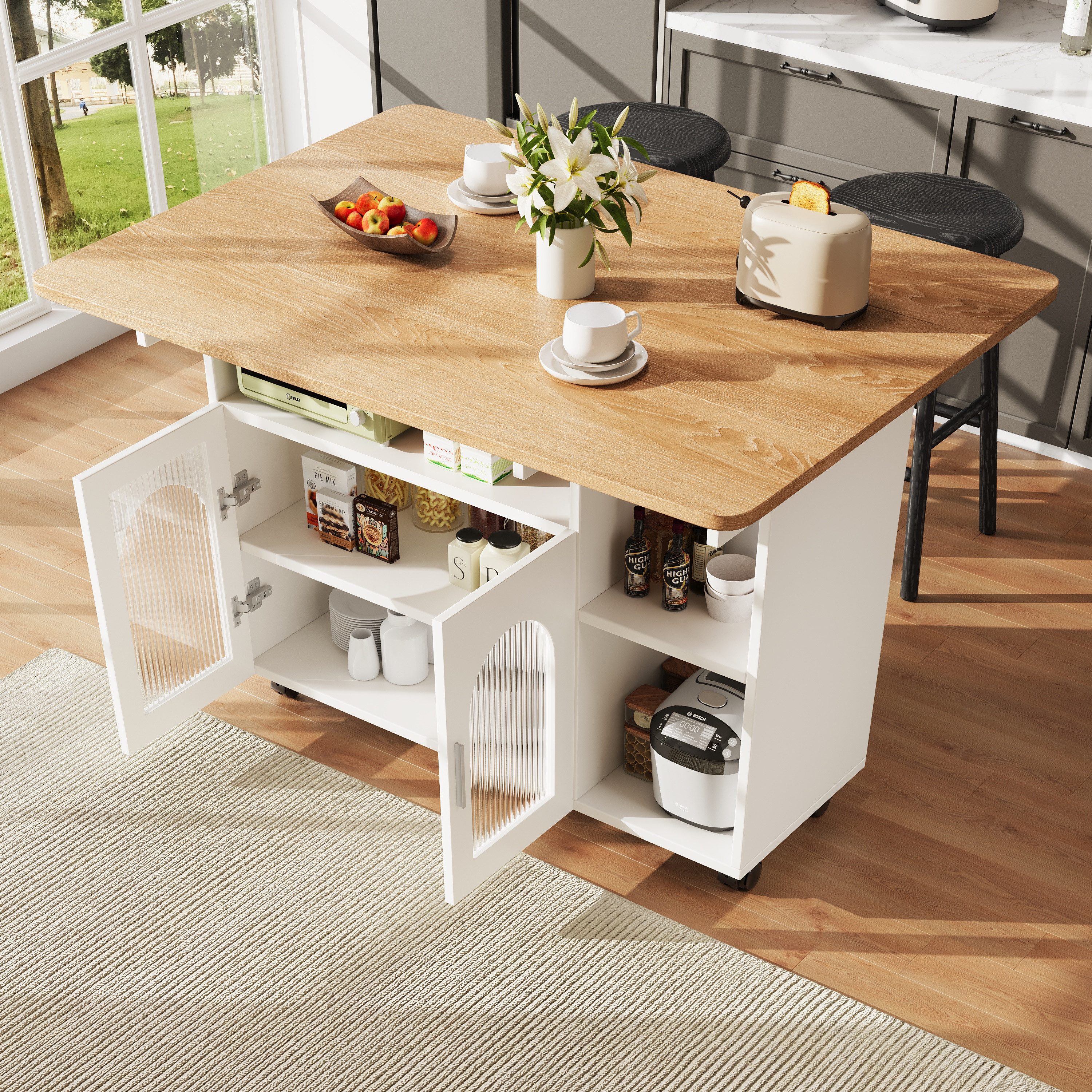 Celya Küchenwagen Kücheninsel, mit Speicherraum, küchenwagen mit rollen, (buffetschrank, Weiß), Abnehmbare Servierwagen buffetschrank, Speisewagen mit Holzmaserung