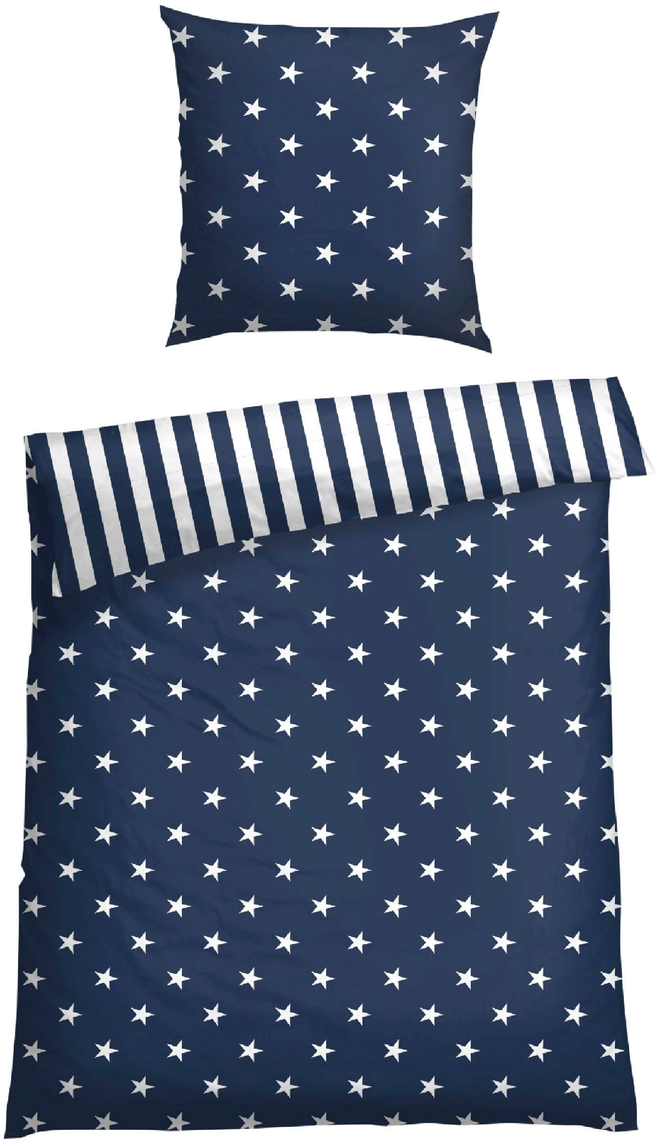Wendebettwäsche Stars & Stripes aus weicher Baumwolle mit Sternenprint, Schiesser, Renforcé, 2 teilig, MADE IN GREEN by OEKO-TEX®-zertifiziert