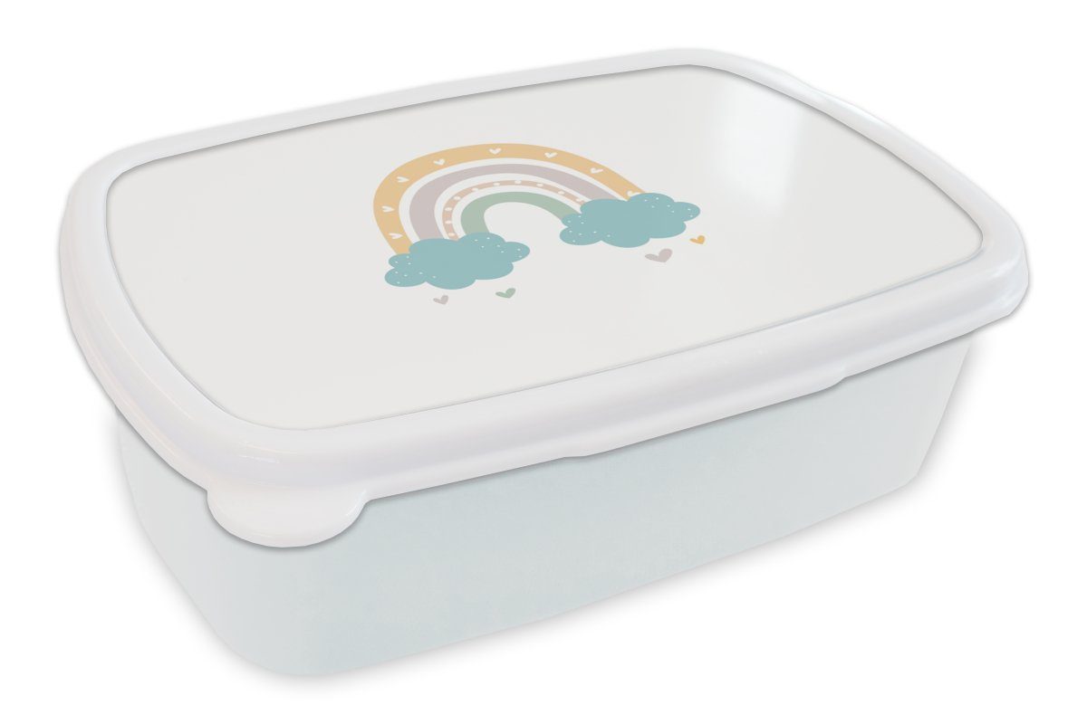 MuchoWow Lunchbox Regenbogen - Herzen - Wolken - Punkte - Pastell - Kinder, Kunststoff, (2-tlg), Brotbox für Kinder und Erwachsene, Brotdose, für Jungs und Mädchen weiß