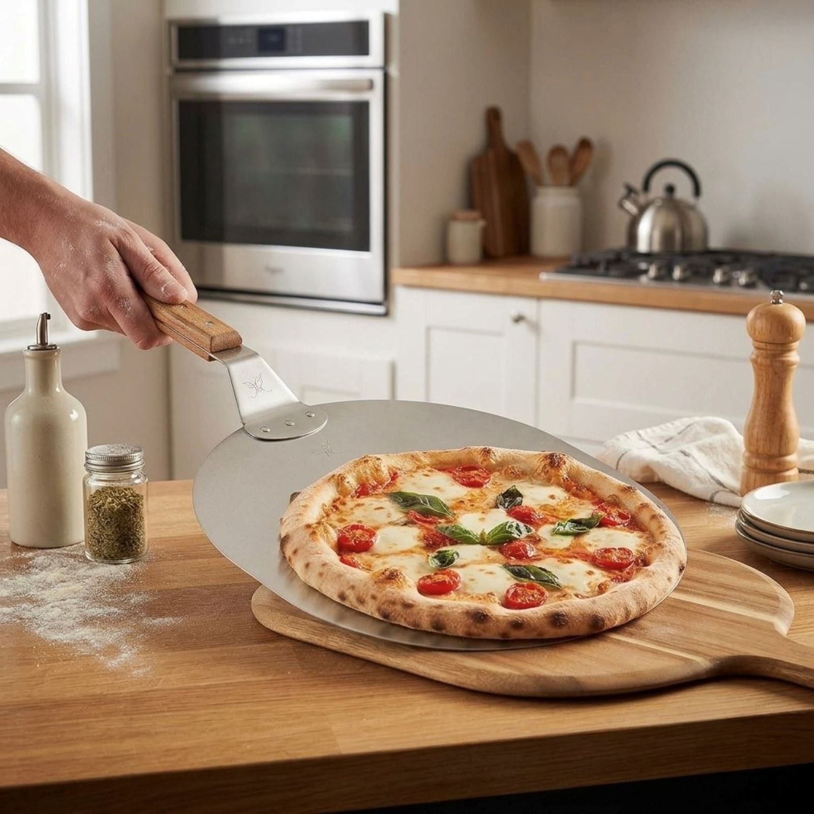 HAC24 Pizzaschieber Pizzaschaufel Pizzaheber für Grill Pizzaofen und Backofen, Edelstahl Ø 30,5 cm mit Holzgriff – Bild 2 von 2