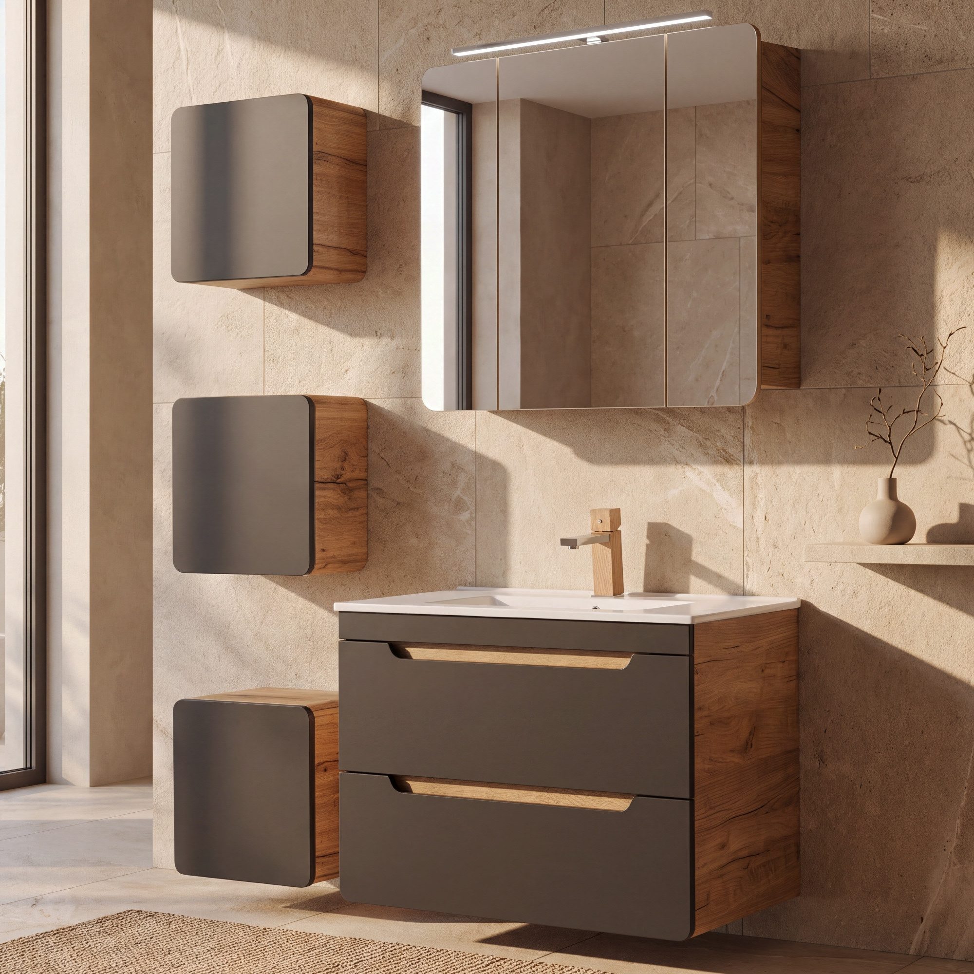 Lomadox Badmöbel-Set NEW-LUTON, (Spar-Set, 5-St), mit 80 cm Keramik-Waschtisch & LED-Spiegelschrank 130/200/46 cm