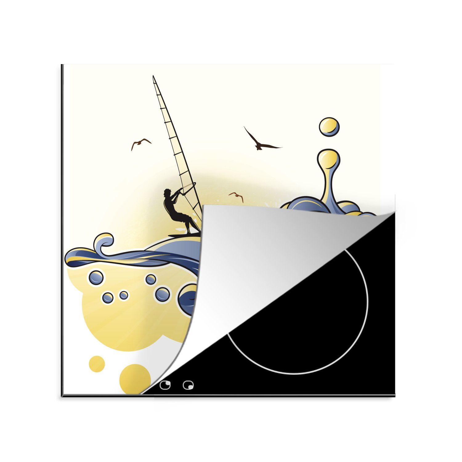 MuchoWow Herdblende-/Abdeckplatte Illustration einer Person beim Windsurfen auf den Wellen, Vinyl, (1 tlg), 78x78 cm, Ceranfeldabdeckung, Arbeitsplatte für küche