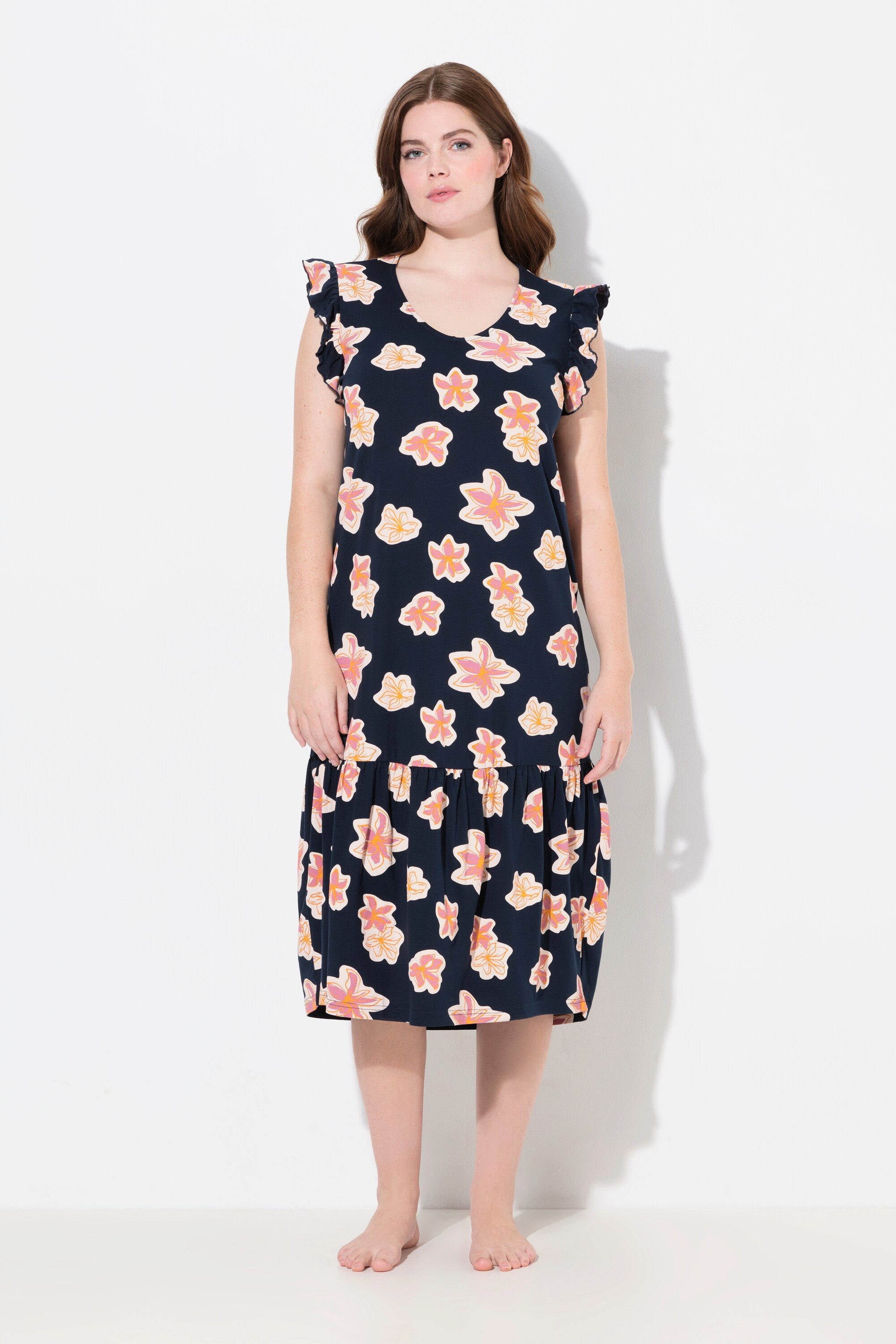 Ulla Popken Nachthemd Nachthemd Blüten V-Ausschnitt Flügelarm günstig online kaufen