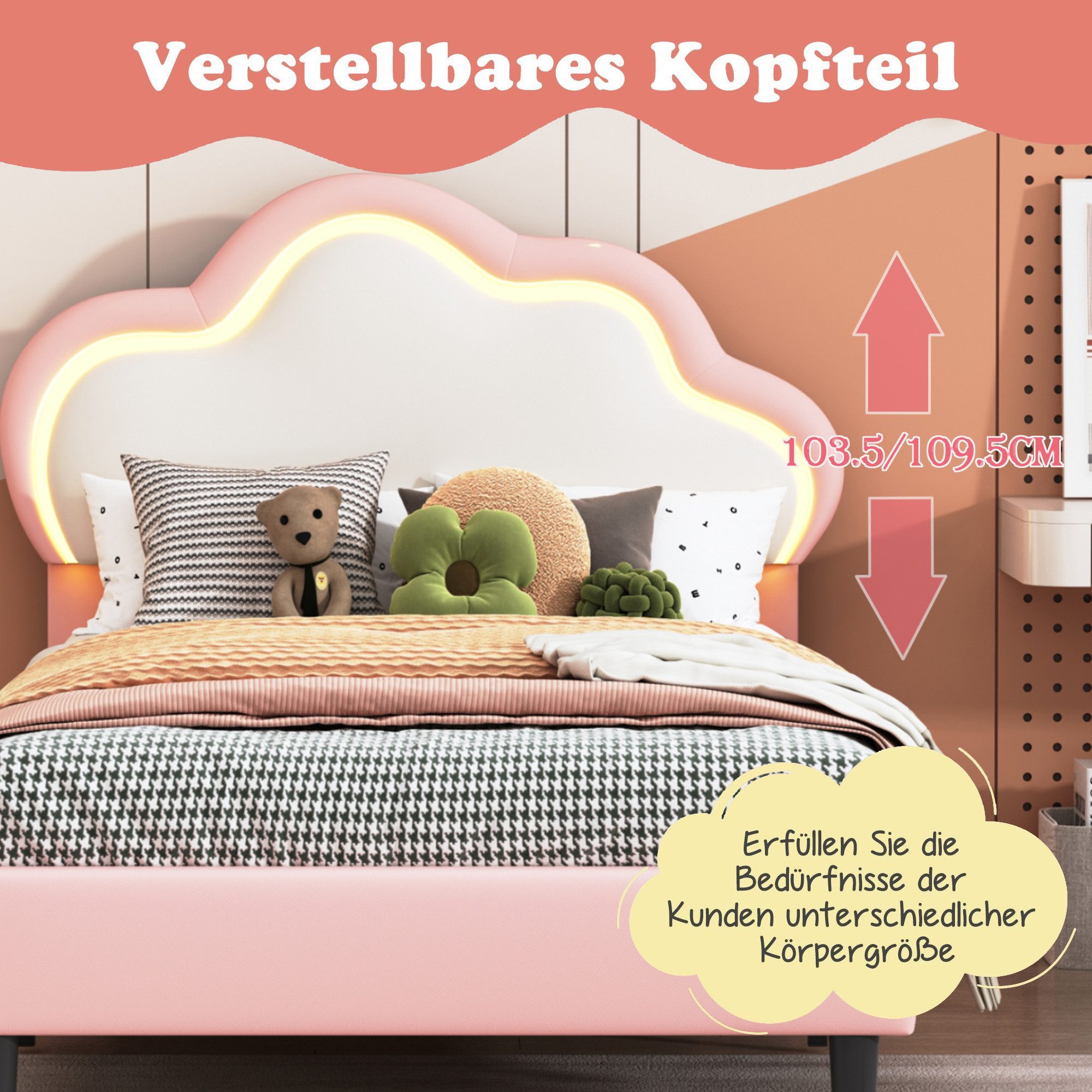 PXloue Polsterbett Kinderbett Jugendbett (Kopfteil hochstellbar), Doppelbett,Wolkenförmiges Kopfteil,mit LED und Lattenrost,90x200cm